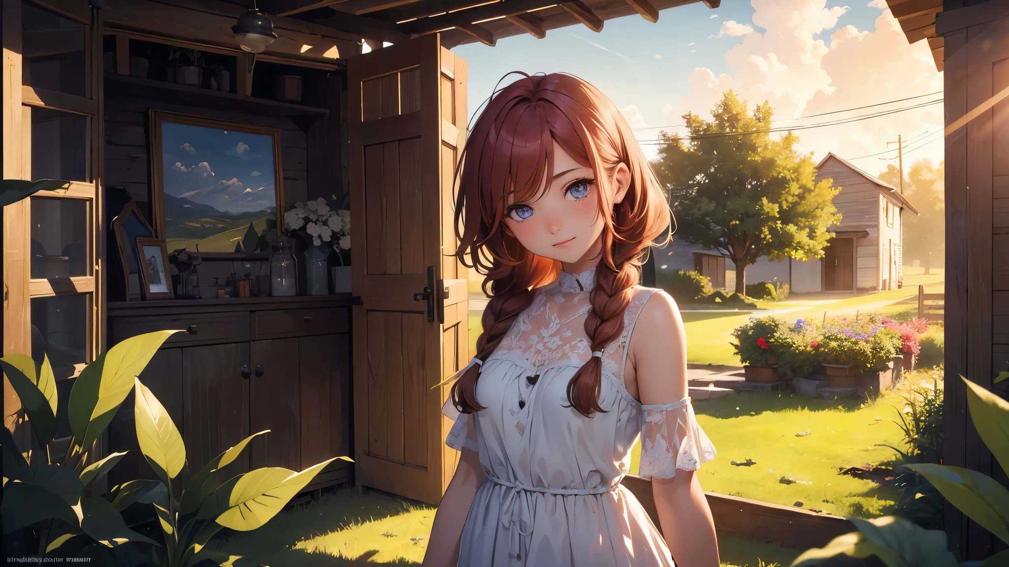 ((masterpiece,best quality,ultra detailed,ultra high res,detailed country yard background)), soft realistic focus, dynamic shadows, realistic image, vibrant colors,light leaks,dreamy atmosphere,chiaroscuro,BREAK 
experimental charm, The girl is depicted in full growth, you see the girl from head to toe, nostalgic appeal, country girlfriend, she take you with yourself, simple open short dress, soft mischievous smile, freckles, shiny light red hair, she will take your hand, thick braids, Cold dawn, More real than reality, Like woke up from a nightmare, They say in Heaven, love comes first
We'll make Heaven a place on Earth
