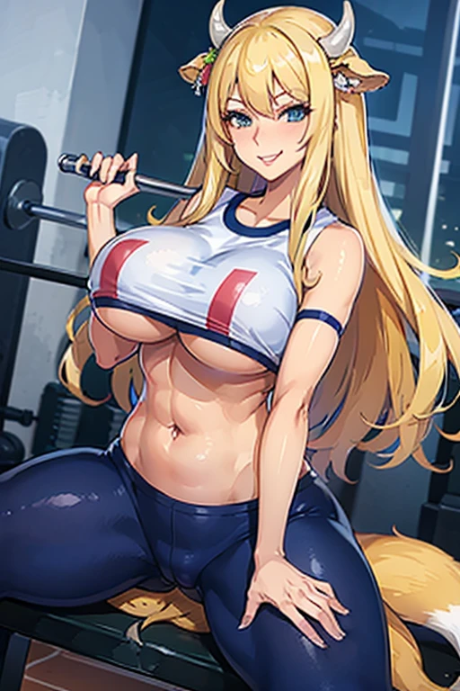 ,solo,(fox_girl:1.2),(gym_shirt:1.2),(tight_pants:1.2),(blonde_hair:1.2),(Smirk:1.2),(Straddling:1.2),(cow_ears:1.2),(gym:1.2),nude,geting fucked