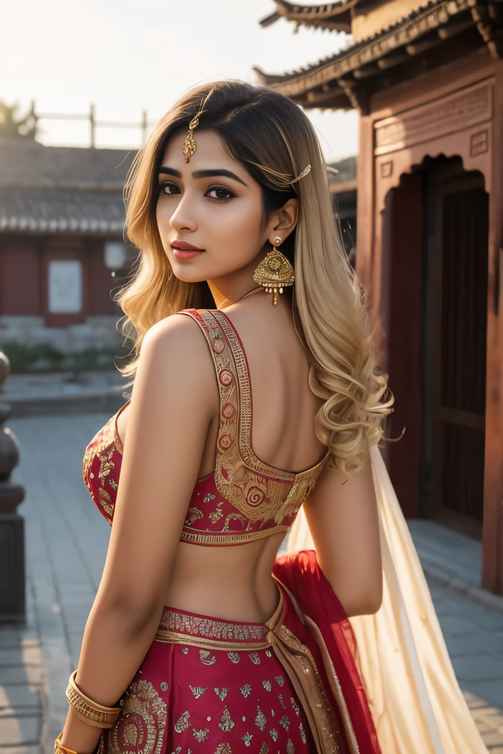 young Indian girl, 22-year-old,(((desi girl))), chubby face, natural skin, wearing hot deep neck top and dupatta, charming blonde hair, ((hair ends are blonde)), city streets background, bokeh gentle sun lighting on face , firm , big breast, thick ass, big ass, full body photo, village mood , thousand pillar temple, clear blue sky, ducks, pond, birds, girl holding deepam , village girl vibe, intricate facial details, full body picture,pose flawless complexion, top-notch 3D rendering, hyper-realistic, shot on Indian road. photorealistic digital art trending on Artstation 8k HD high definition detailed realistic, detailed, skin texture, hyper detailed, realistic skin high resolution, detailed, raw photo, 400 camera f1.6 lens rich colors hyper realistic lifelike texture