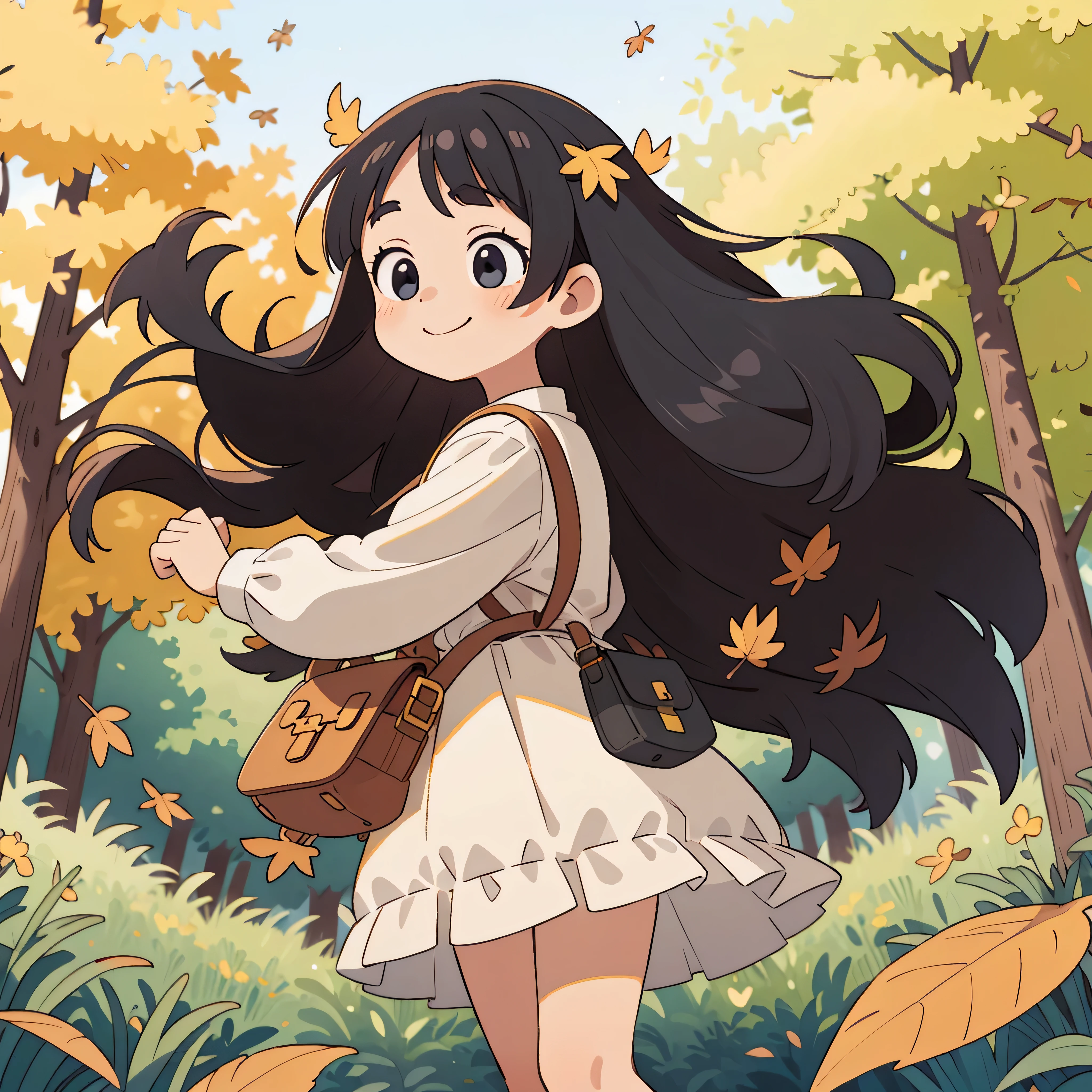 l girl, long hair, round face, big eyes, long white dress,smiling, black crossbody bag, skirt blowing in the windAutumn, park, golden leaves, woods Panorama, front