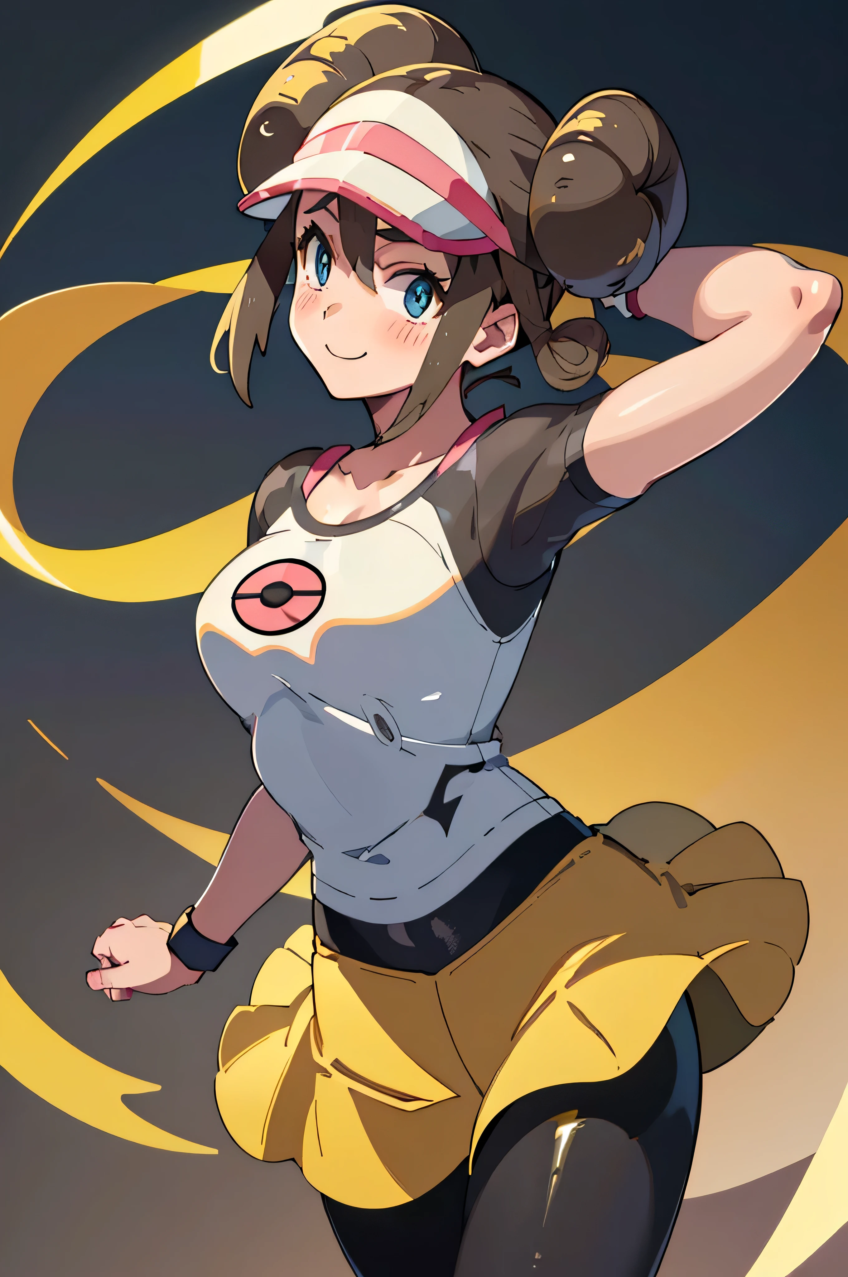 Vivid colors,Brown Hair,Big collar、A garment with an open chest design,Exposed breasts,Pants with no fabric in the crotch area,Exposed pussy,（beige skin,Beige breasts,Beige thighs,Pink nipples,）Light blue eyes,A picture of a woman holding a monster ball, Pokemon Misty, Gainax Anime Style, Also, Masamune Shirow, Inspired by Rei Kamoi, inspired by Un'ichi Hiratsuka, Singey, Cool pose, dramatic Grin pose, Female protagonist 👀 :8, Grin, rei hiroe