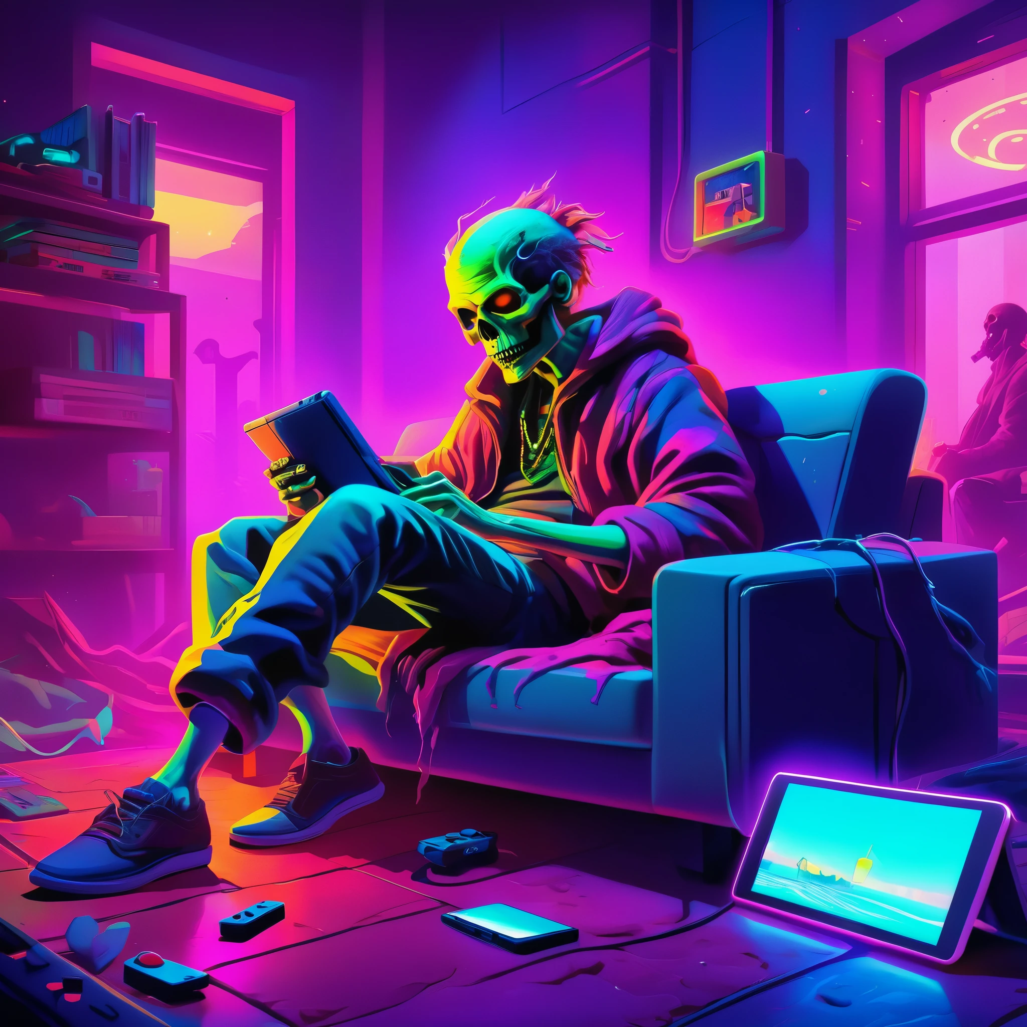 "Step into a futuristic realm with this highly detailed illustration of an undead man relaxing and playing his 3ds. The vibrant neon colors and zoomed-in perspective add a dynamic touch, while the blurring effect creates a dreamy atmosphere. Perfect for those who love a mix of fantasy and technology."