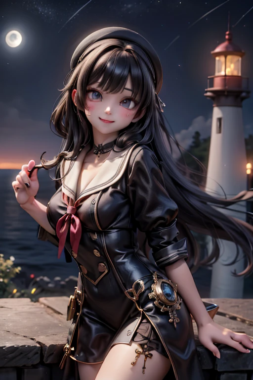cute girl smiling, steampunk clothing, steampunk sailor, watching a lighthouse on a nearby cliff , ((at night))