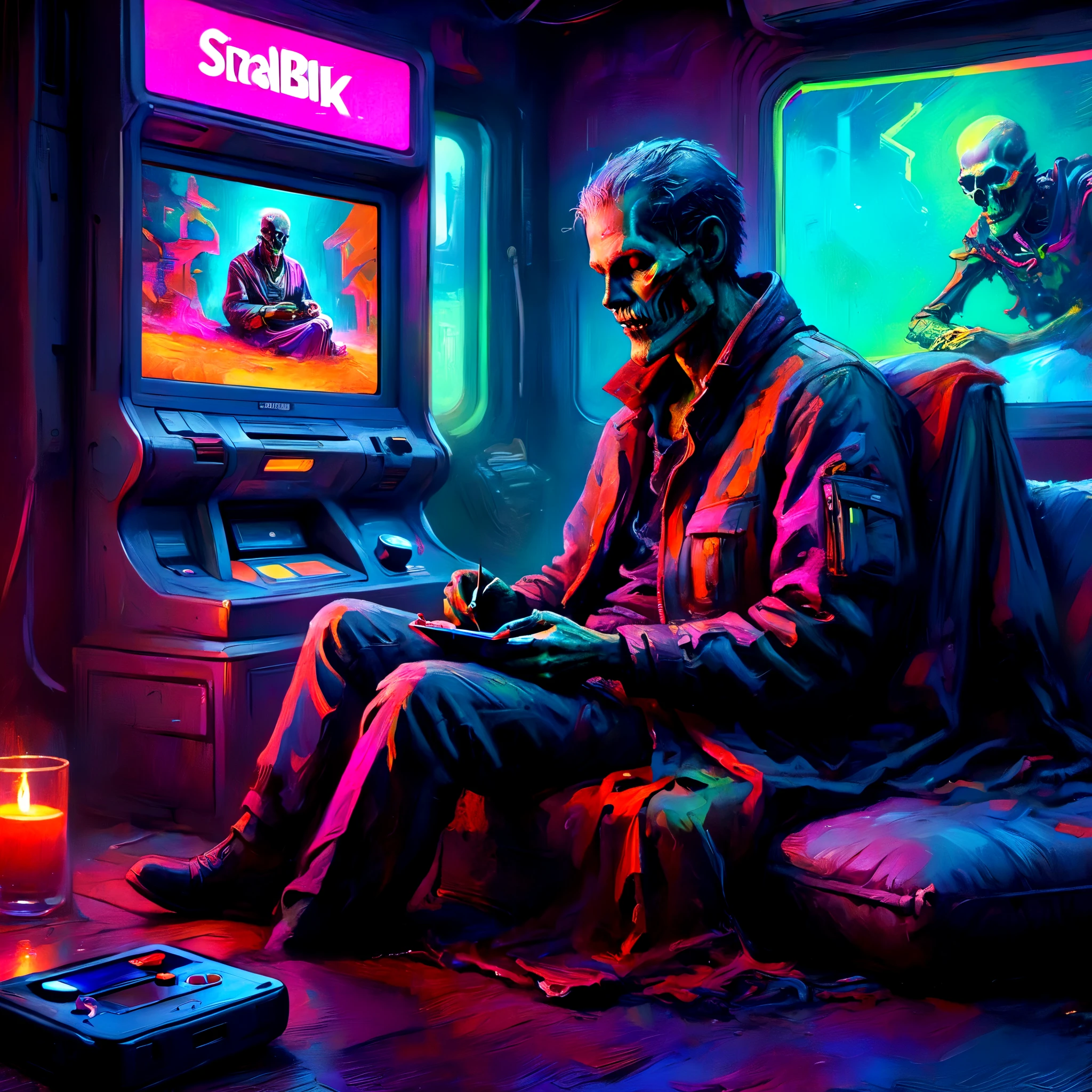 "Step into a futuristic realm with this highly detailed illustration of an undead man relaxing and playing his 3ds. The vibrant neon colors and zoomed-in perspective add a dynamic touch, while the blurring effect creates a dreamy atmosphere. Perfect for those who love a mix of fantasy and technology."