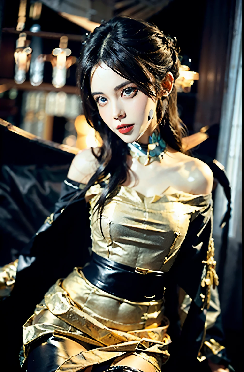 (front focus), female surrealist portrait, fantasy art, realistic photo, dynamic lighting, volume lighting, highly detailed face, 8k, award-winning, 1 girl, pale, white skin, glowing skin, fine skin, vampire dress, (red eyes), red lips, hair, dark, deep shadow, discreet key, close, Ahoge, bat ears, eye reflection, shining eyes , evil smile, jewelry, Impressionism, masterpiece, {{{masterpiece, highest quality, figure,game_CG}}}, 頭の上でhairが束ねている, sexy