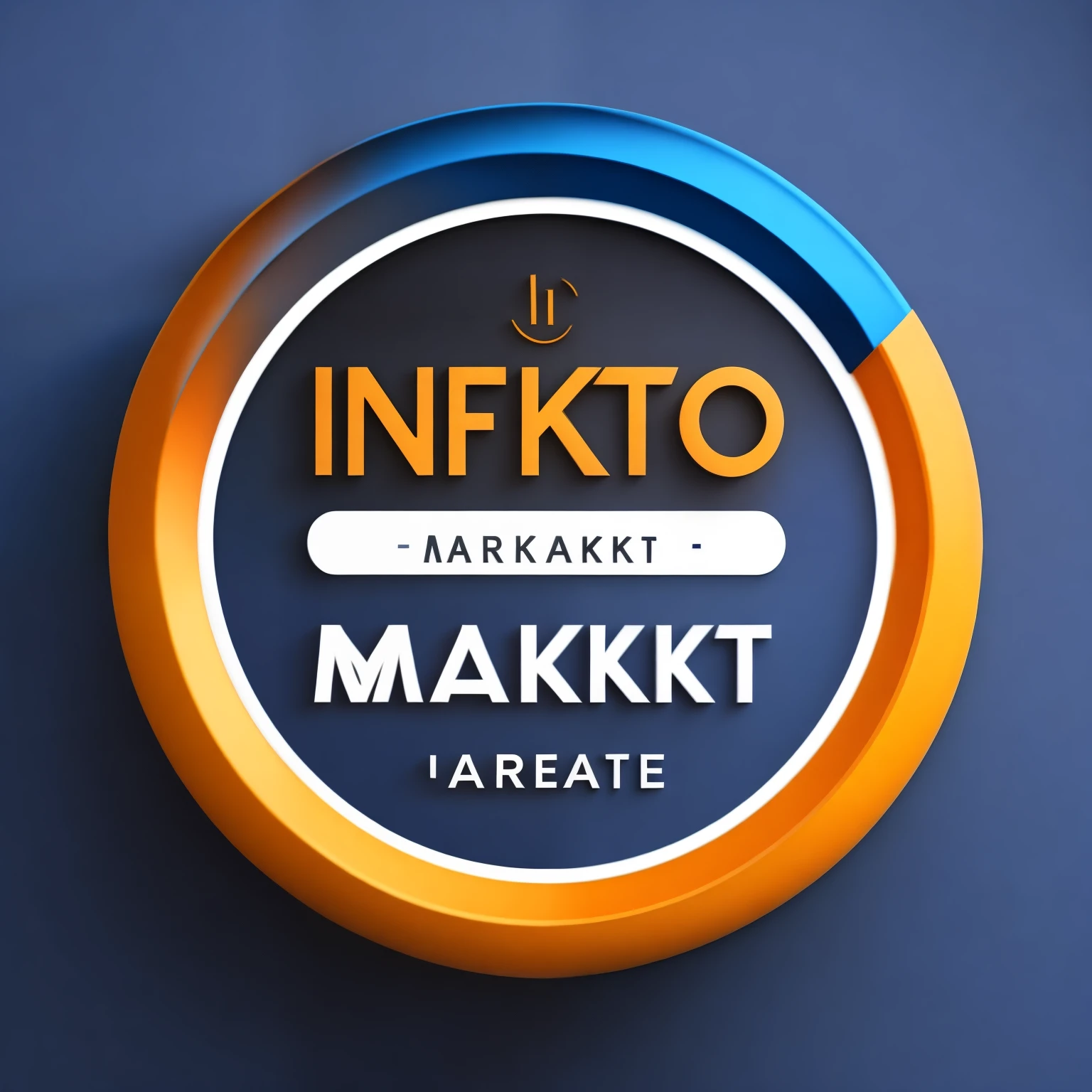 Create a logo in circular shape for a digital marketing brand called “Info Market”. Add a book The design must be creative, innovative, modern and elegant, conveying confidence and a sense of rupture. Use dark blue, orange, white and black as your primary colors.