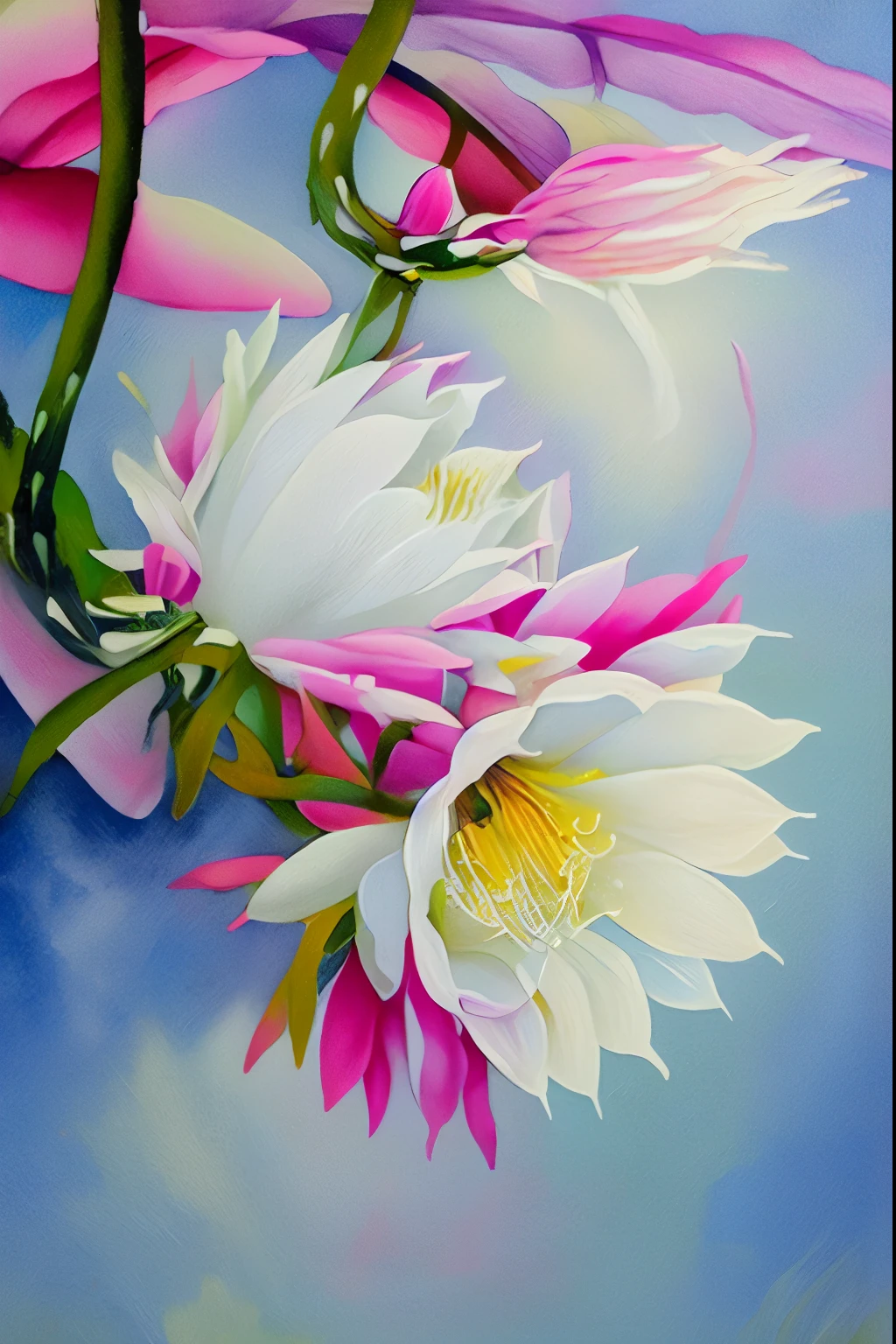 painting of a white flower with pink petals on a blue background, inspired by Koson Ohara, large exotic flowers, naoya tanaka, by Ikuo Hirayama, by Chiho Aoshima, surreal waiizi flowers, lotus, gouache on canvas, by Miwa Komatsu, by Asai Chū, shusei nagaoka
