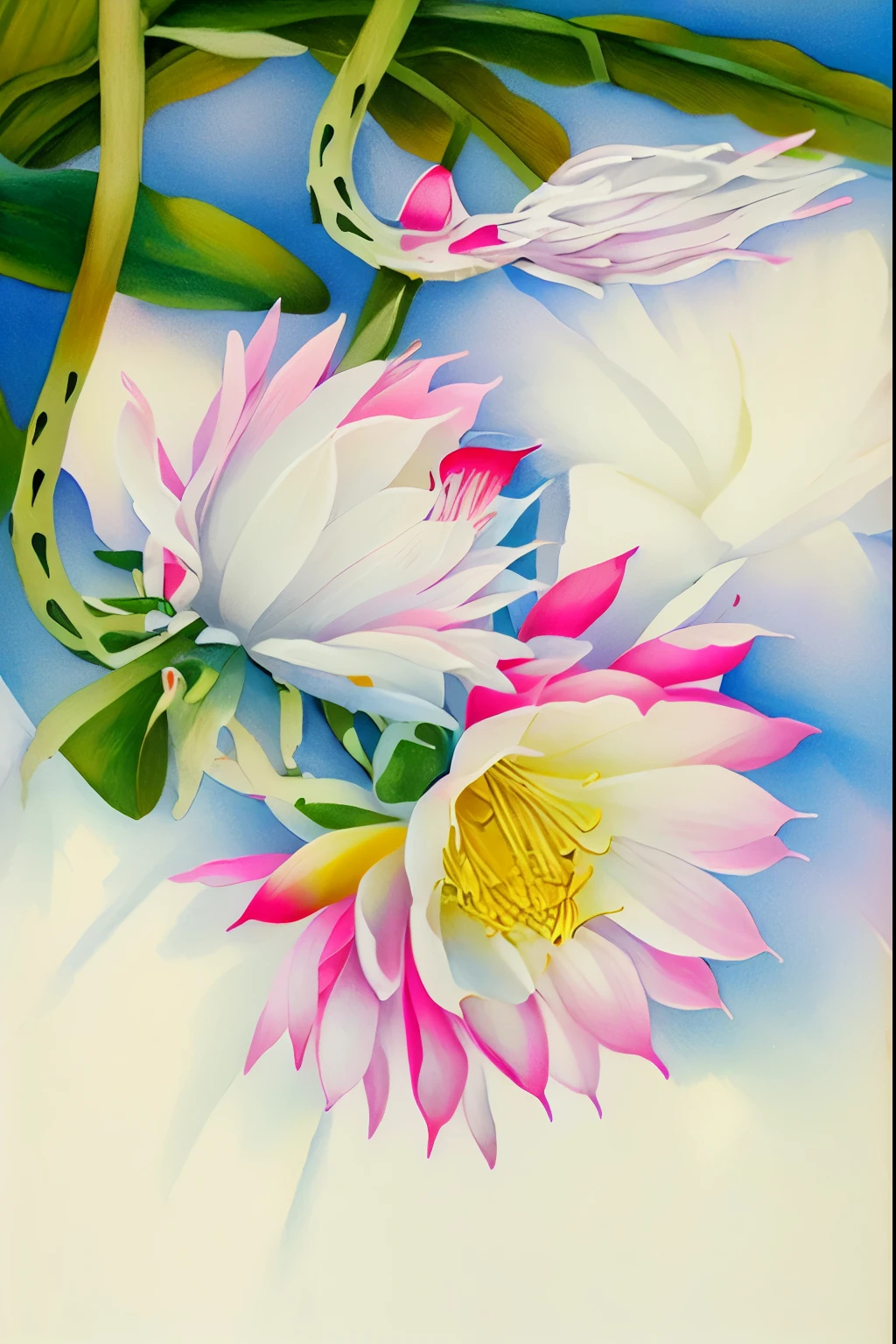 painting of a white flower with pink petals on a blue background, inspired by Koson Ohara, large exotic flowers, naoya tanaka, by Ikuo Hirayama, by Chiho Aoshima, surreal waiizi flowers, lotus, gouache on canvas, by Miwa Komatsu, by Asai Chū, shusei nagaoka