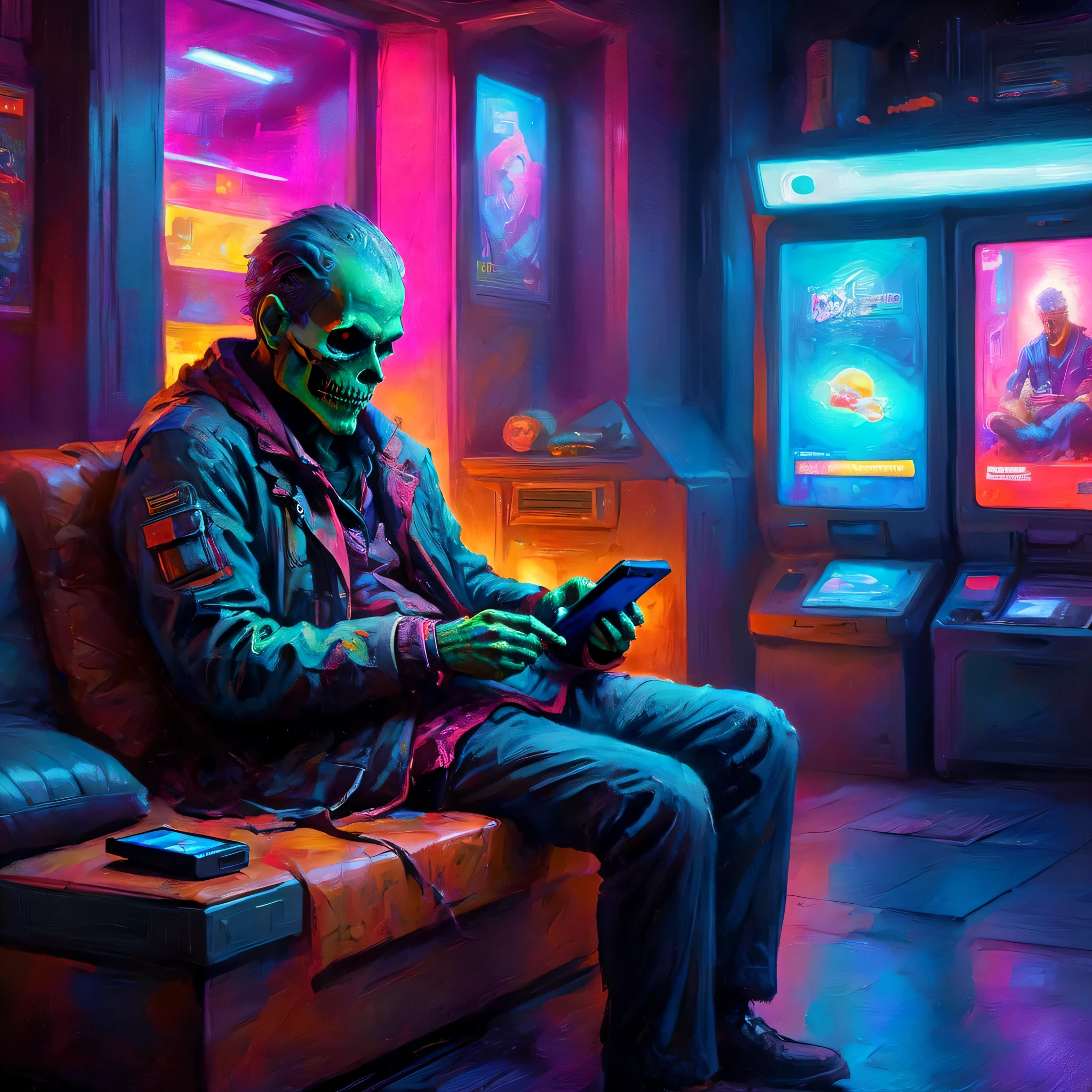 "Step into a futuristic realm with this highly detailed illustration of an undead man relaxing and playing his 3ds. The vibrant neon colors and zoomed-in perspective add a dynamic touch, while the blurring effect creates a dreamy atmosphere. Perfect for those who love a mix of fantasy and technology."