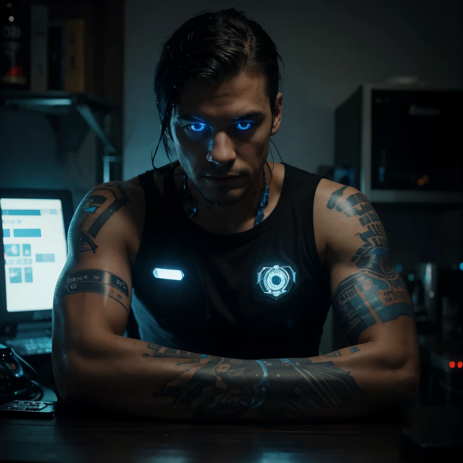 Create a man's tattoo on his arm as if he were a cyberpunk robotic with blue lights