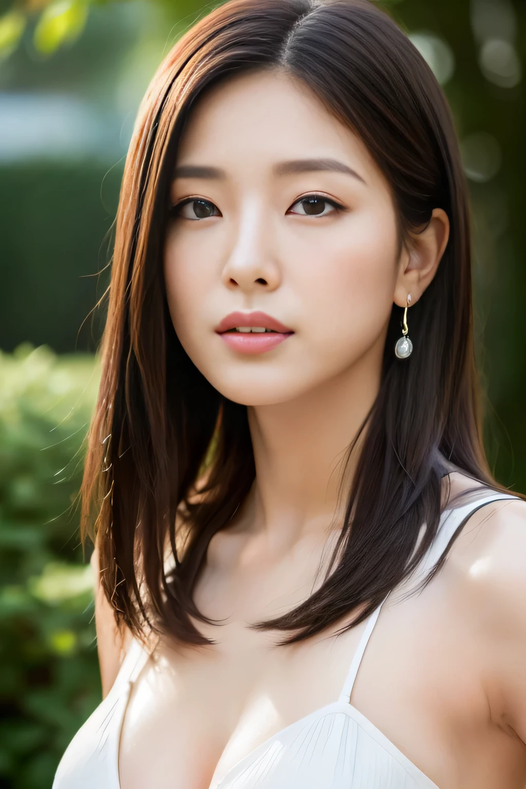 ((highest quality、8k、Masseter muscle part:1.3))、(beautiful, realistic Japanese),1 female、beautiful girl emphasizing feminine abs:1.3、(big breasts:1.2)、wet clothes:1.2、highly detailed face、high definition lip、detailed eye、double eyelid 、rain、large tree、nature、beautiful body、cloudy、