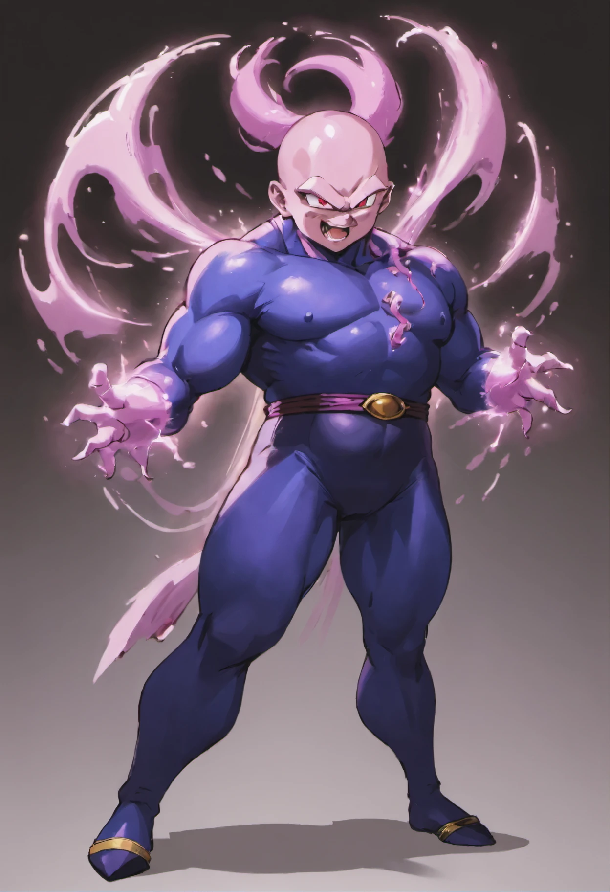 Full body image "(Highest quality, 8k, ultra-detailed), Portraiture, Dragon Ball,majin vegeta, Muscular, Calm, Fearless smile, detailed, Blonde, strict, Intimidating, Powerful, Show off his strength", Brainwashed and possessed by Majin Buu,Controlled by an evil heart,Demon body and wing tattoo on forehead,Black slimy tentacles