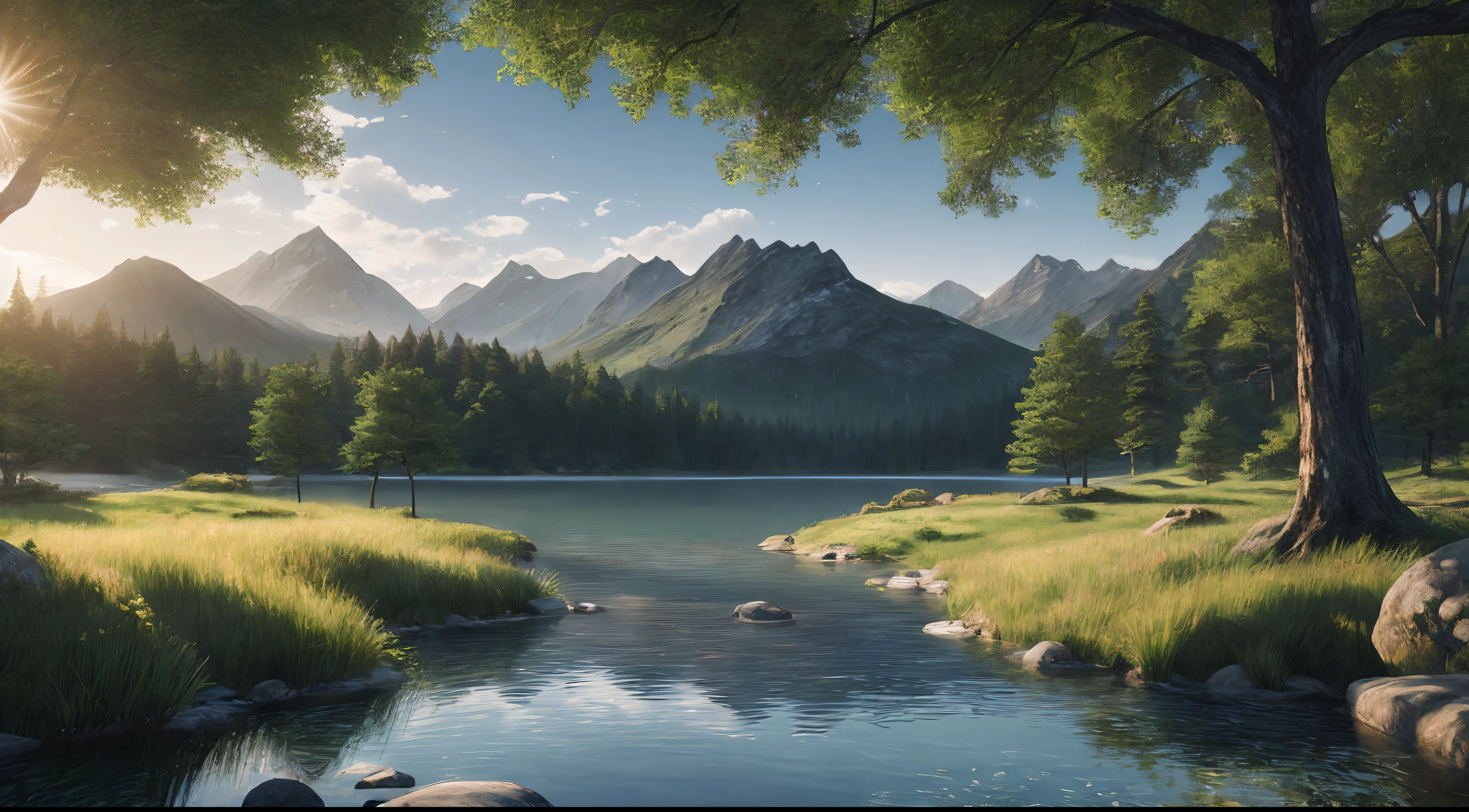 Ein friedlicher Ort, sehr angenehm, Esthetic, ruhig, szenisch. photoRealistisch, 8k uhd, Studio quality, ultra Realistisch, Maximale Detailgenauigkeit, enormous extent, Nachbearbeitung, Realistisch, Fotorealismus, Photoshop, Fotografie, detailliert, filmische Beleuchtung, Landschaft, Panorama-, Landschaft, Raytracing, cinema4d