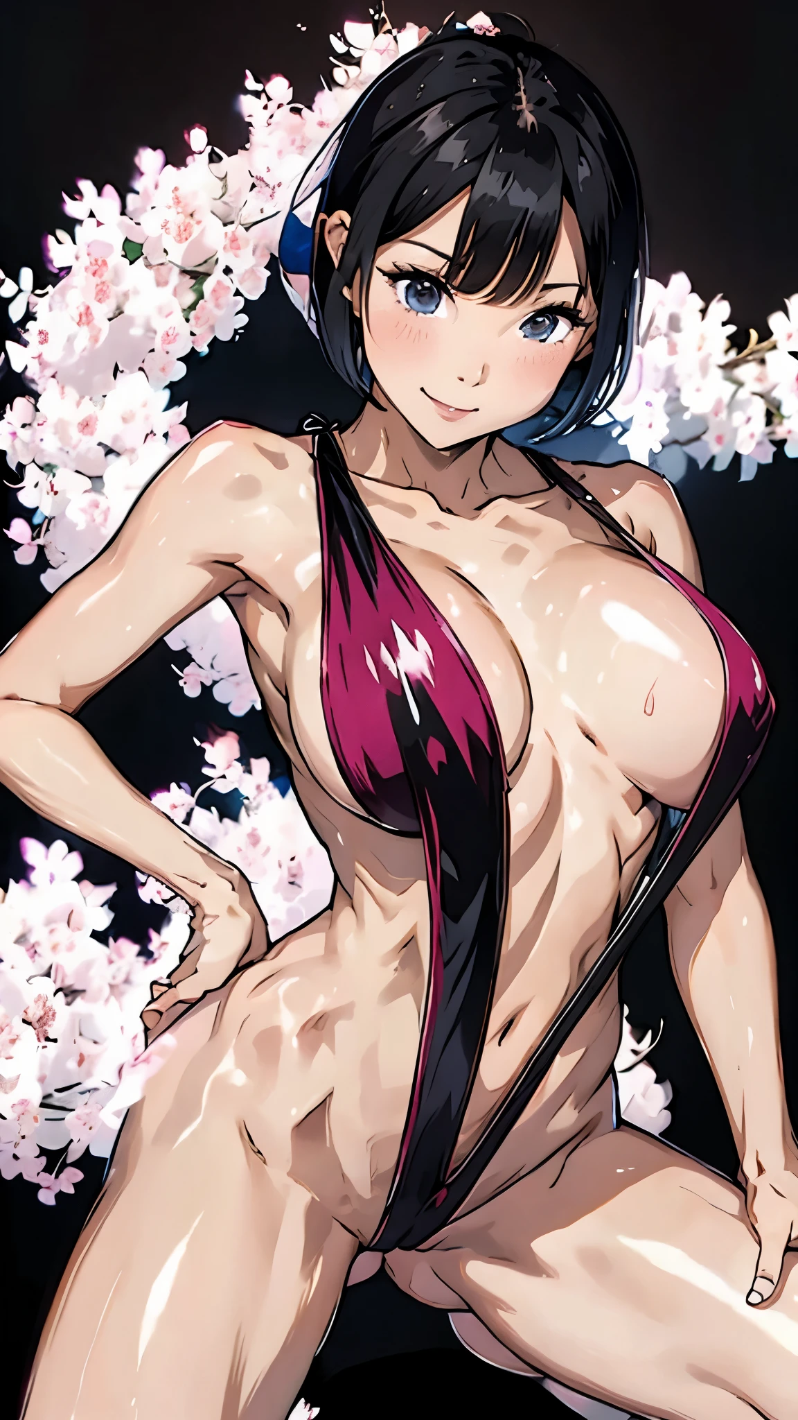 ((vulgar)),japanese girl,Sweaty、((Colossal breasts))、Thigh emphasis、transparent full body image、thick and fresh lips ,smile,(Glossy skin 1.7),((sling bikini)),((Black hair, Very short hair, trimmed bangs),pov,Sexy Posing、(Various poses),(black background))