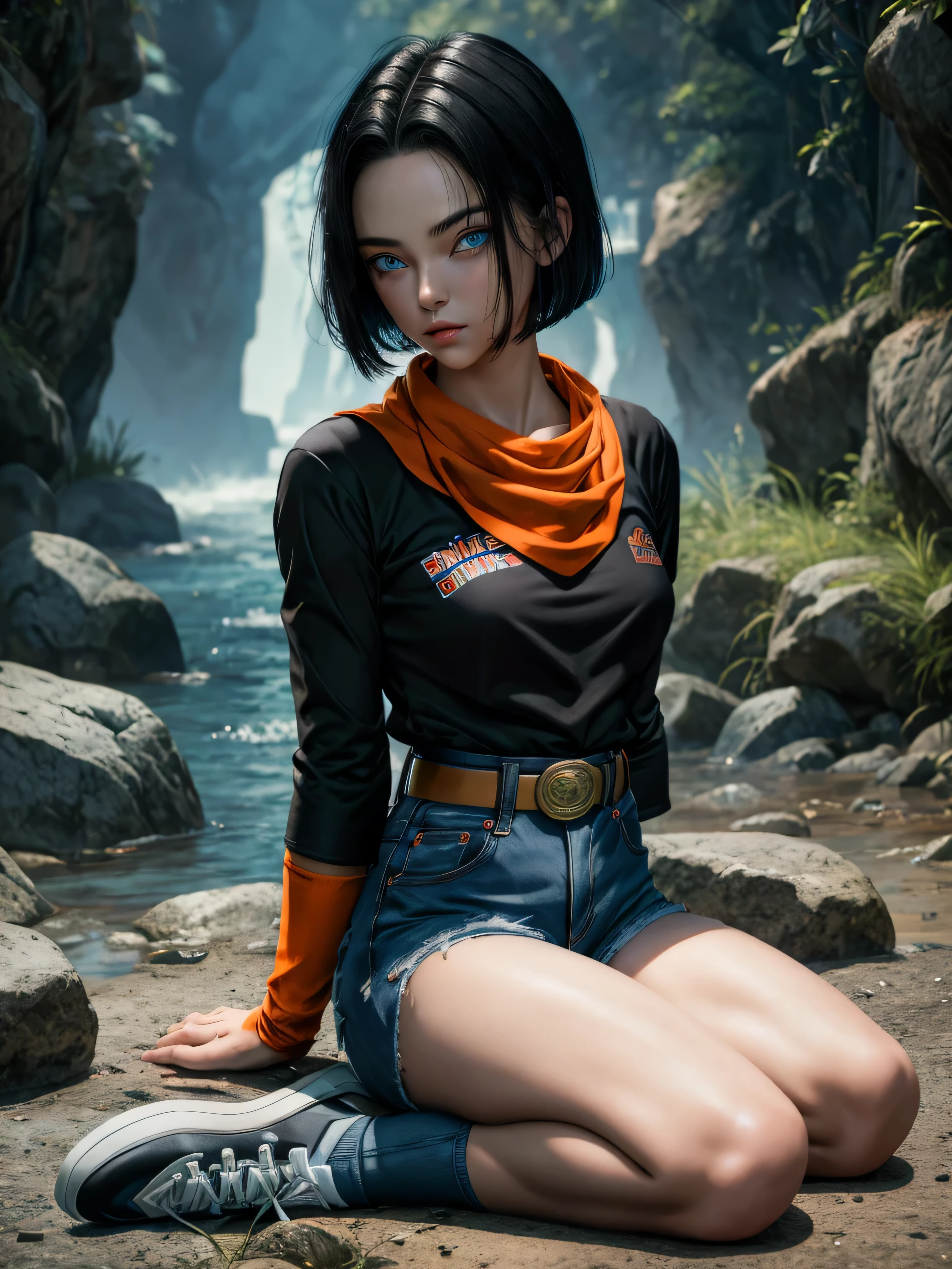 (masterpiece), best quality, expressive eyes, perfect face, highres, 1 girl, solo, android 17 girl, (female body:1.3), blue eyes, black short hair,parted hair,short hair, black shirt, jeans, layered shirt, white sleeves,orange bandana, blue sneakers, green socks, brown belt, red patch, outdoor, landscape, sitting on floor, portrait, looking at the viewer, An exquisite masterpiece of top quality and high resolution featuring Marnie. Big sleepy eyes, Aqua eyes、Glowing under the dim light. black short hair, magazine style, dark backbround