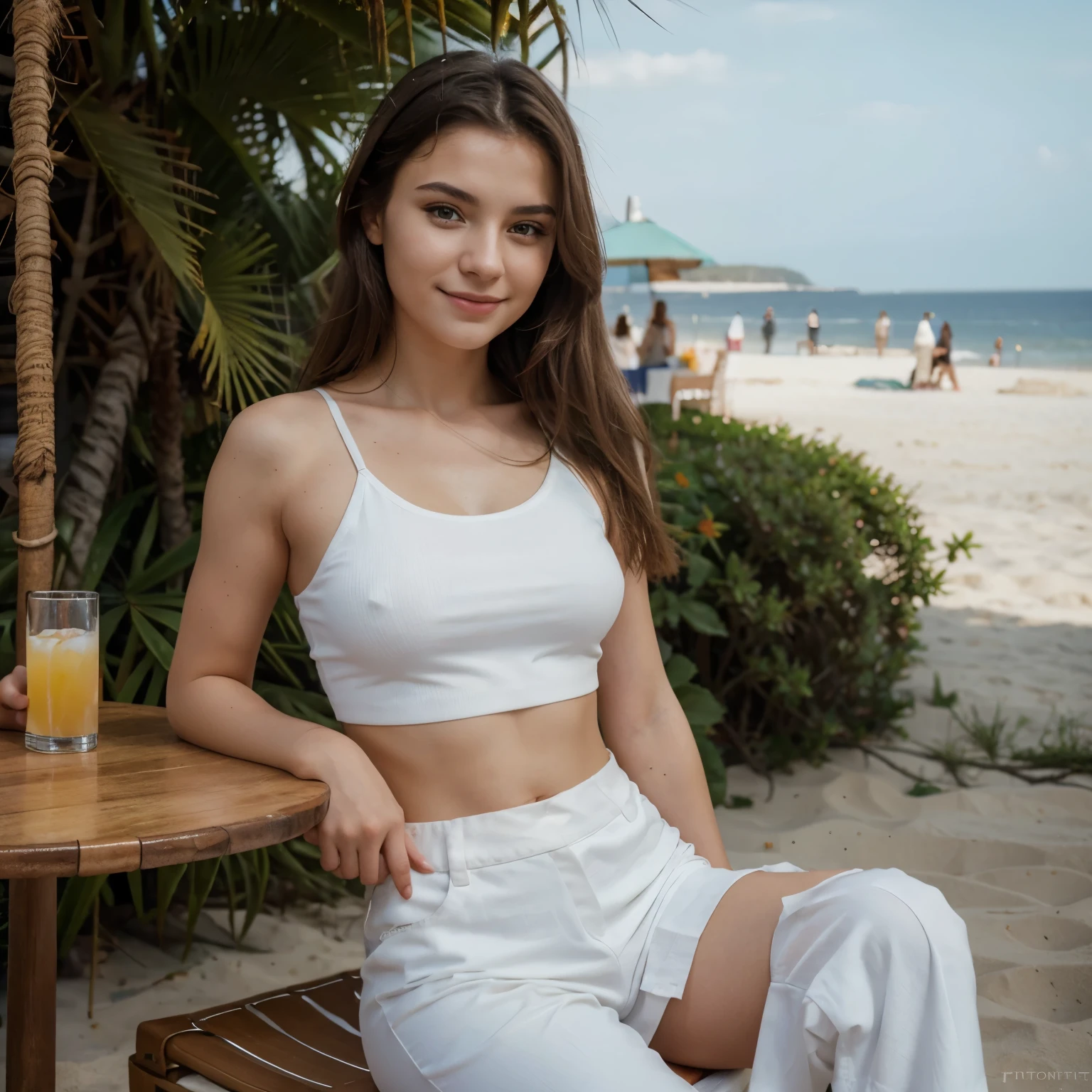 RAW photo, photo of 18-year-old Russian girl, natural skin, 8k uhd, high quality, film grain, Fujifilm XT3, a very beautiful Russian girl, on the beach by the sea, there is a very beautiful sea view, eating at the restaurant outdoors, sitting at the table, behind the table covered with a wide variety of food and drinks, smiling, wearing a white crop top, black trousers underneath, full length photo, ultra realistic, 8k, smooth face with make-up and shine, ultra realistic, 8k
