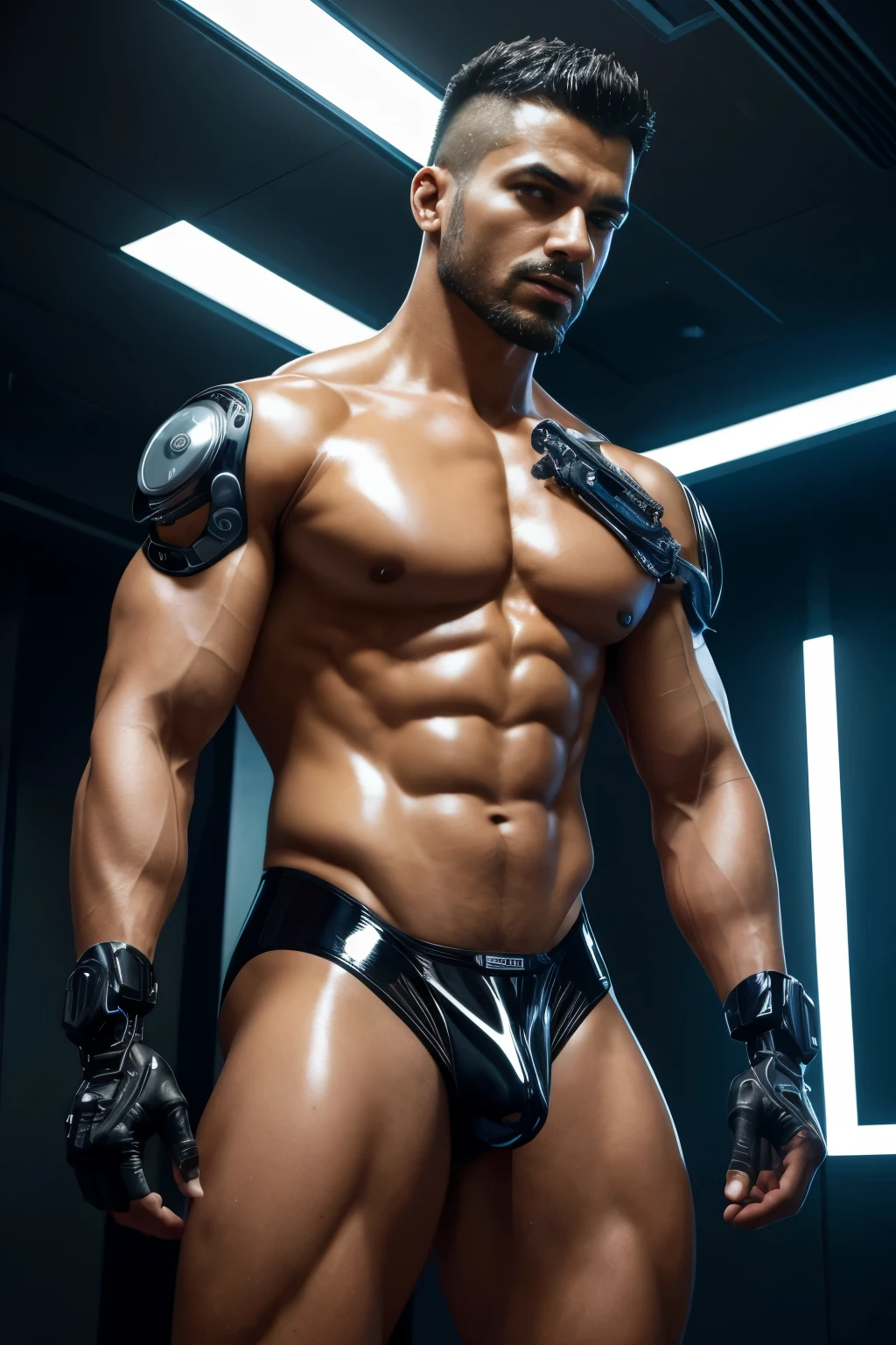 (The Alfid people wear black transparent latex pliers,Translucent latex pliers:1.5),(Metallic body, bionic scifi alexandre ferra, cyborg neck, cyborg male, male cyborg, cyborg fashion model, portrait of a cyborg, detailed portrait of a cyborg, cybernetic neck implant, portrait of a futuristic robot :1.3)(dystopian sci-fi character, sci - fi character, portrait of a cyberpunk cyborg:1.2)(8K,Extreme detail,Hair in extreme detail,Ultra photo realsisim,cinmatic lighting:1.1)(Asian supermodel face,Strong muscles and perfectly curved body,Extreme sexual tension,Hormonal explosion,whole body display:1.5)(Short hair, Light-colored beard, Stubble masculinity,Naked muscle man,Muscular macho,No clothes on,Only a pair of thongs was worn,Extremely sexy and provocative:1.5)(whole body display:1.5)
