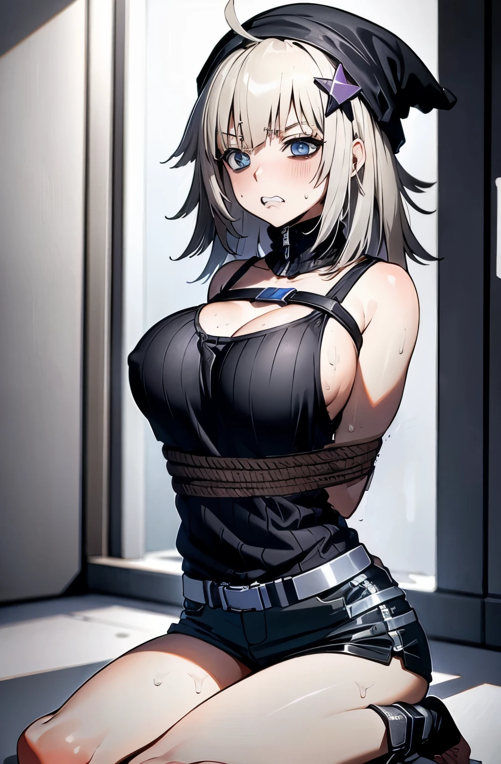 ((((hands tied behind)))), ((arms behind back)), brown rope, bondage, clenching teeth, scowl, sweat, seiza, wariza, ((sitting on the floor)), (shiny hair:1.05), (shiny skin:0.97), (Big eyes:0.95),