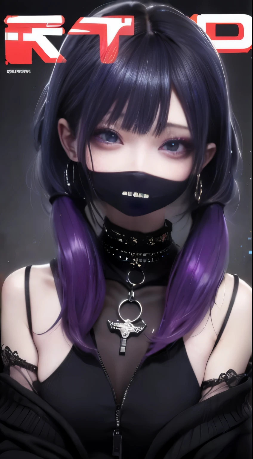 4K - ultra-vivid、highest quality, masterpiece, ultra high resolution, (reality: 1.4),  16 year old girl, purple eyes, Off-the-shoulder sweater dresses, cinematic lighting、purple and black hair、(Mine Girl、goth makeup、my makeup)、(earrings、big breasts、Oversized black T-shirt with open shoulders、Dark mini skirt)、((dark makeup、oil skin,glowing skin、realistic skin texture、fine and beautiful skin、shiny skin)), nightの暗い繁華街、night、blue film photography、kabukicho、Dark Cyberpunk、(full shot:1.8)、thin legs、thin arms、thin shoulders、thin waist、slender body、big breasts、whole body、(magazine cover: 1.8)