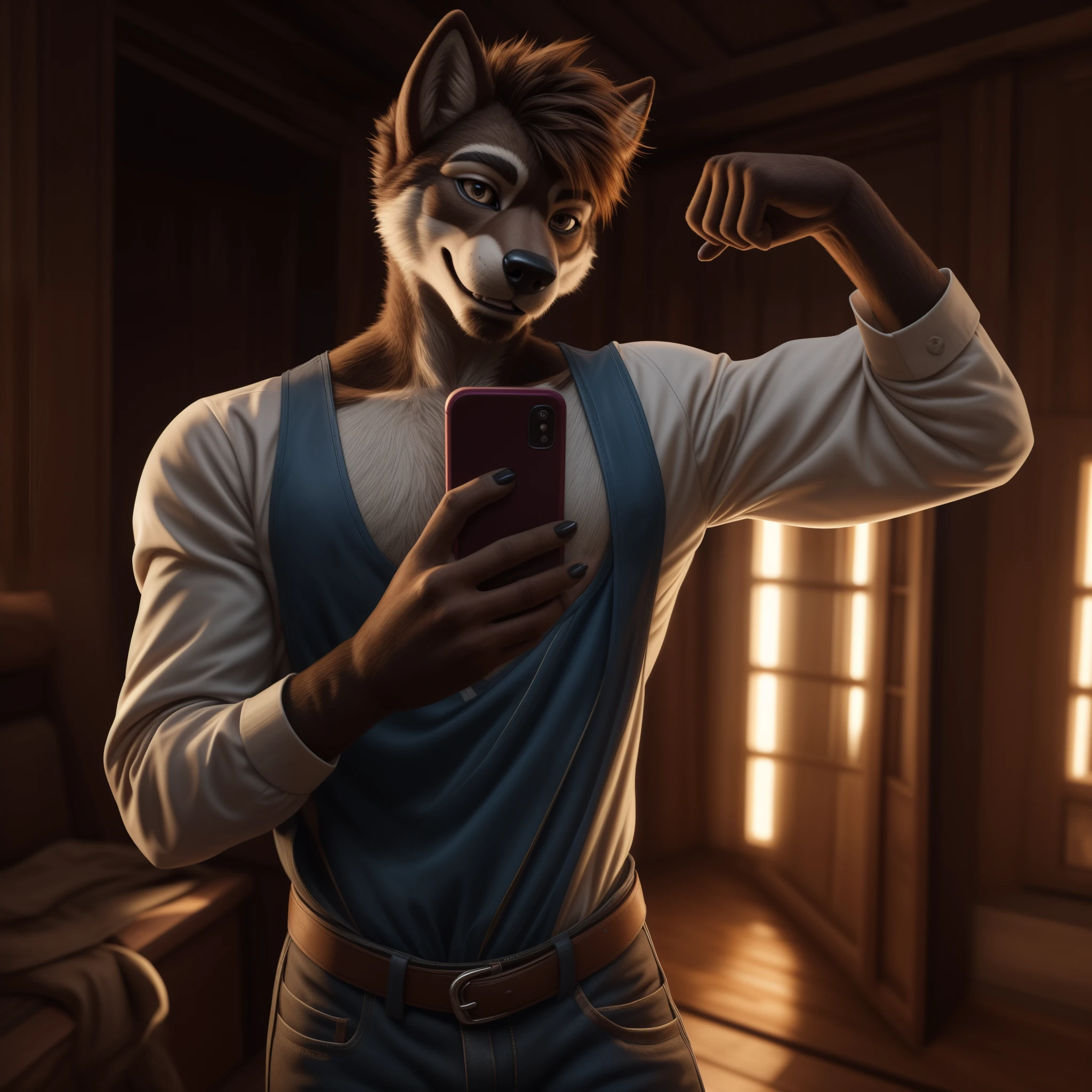 (a very detailed close up of) a wolf male muscular fursuit, (a young man) of approximately 20 years old, (standing) alone in the room (with)  (a confident pose) posing for the camera, (holding) his smartphone, (capturing) the moment. (The wolf fursuit) is ultra detailed and realistic, (with) (intricate fur patterns) and (sharp, lifelike features). The young man has a genuine and captivating smile, radiating warmth and happiness. The room is (illuminated) in a 5D cinematic style, (with) (soft lighting) that highlights the textures and details of the fursuit. The color scheme (features) a combination of cool and warm tones, adding depth and richness to the image. The overall atmosphere is (vibrant) and (energetic), evoking a sense of adventure and youthful spirit.