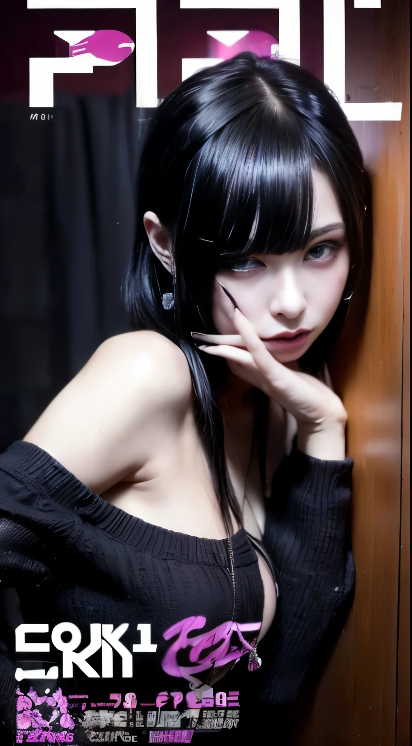 highest quality, masterpiece, ultra high resolution, (reality: 1.4), original photo, 1 girl, purple eyes, off shoulder, cinematic lighting、purple and black hair、Mine Girl、my makeup、earrings、big breasts、black t-shirt、Dark mini skirt、((dark makeup、oil skin,glowing skin、realistic skin texture、fine and beautiful skin、shiny skin、shiny skin)), dark downtown area at night、Dark Cyberpunk、(full shot:1.8, porn magazine covers: 1.8)
