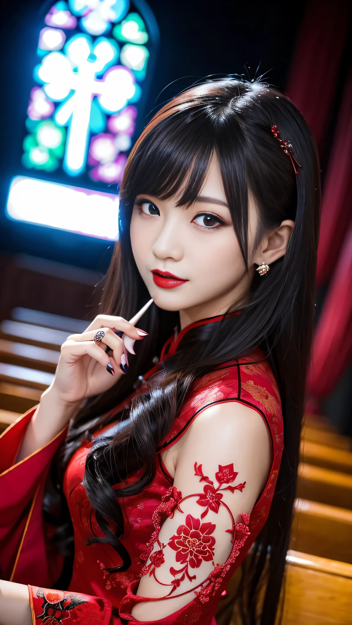 Super detailed、Japanese、charming beauty、seductive adult woman、Beautiful woman、sharp eyes、cool girl、wavy hair、long black cheongsam、wide sleeve、evilの幹部、evil depravity、brainwashing、Mind control、apply lipstick、grin、evilな表情、evil、empty eyes、evil、church at night、vampire、vampire、Hypnosia makeup brush