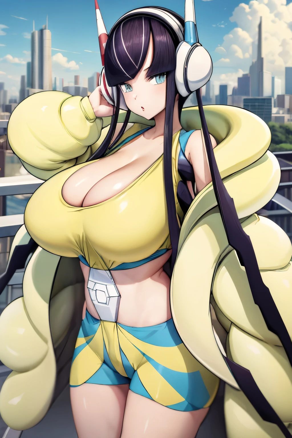 masterpiece, best quality, bw2elesa, black hair, streaked hair, long sidelocks, hair ornaments, headphones, yellow jacket, puffy jacket, yellow crop top, yellow and blue shorts, looking at viewer, sky, clouds, cityscape, large breasts, cleavage, low rise shorts