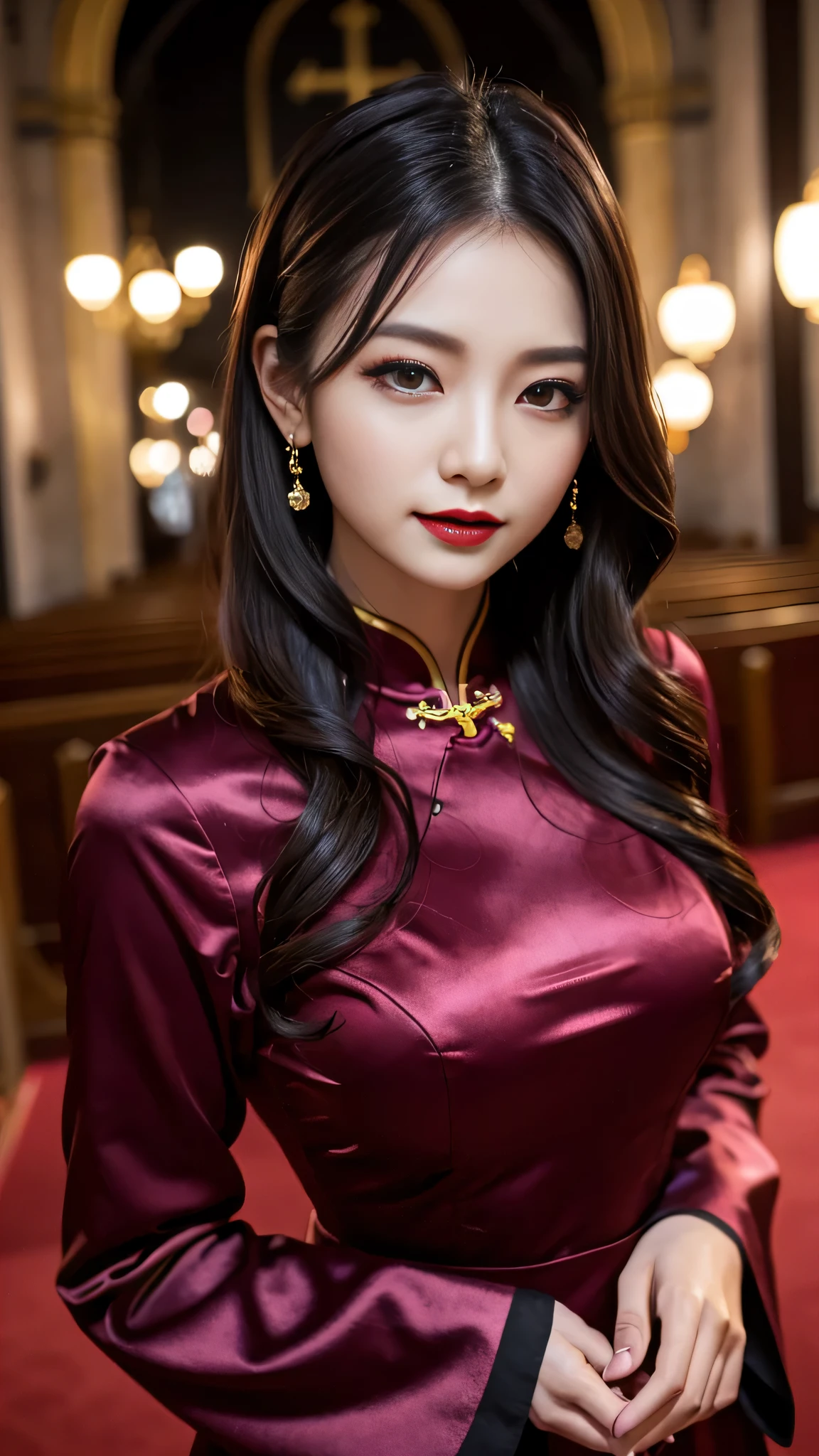 tra-detailed、Japanese、Attractive beauty、seductive adult woman、Pretty Woman、cool girl、brown hair、wavy hair、swept bangs、piercing eyes、hollow eyes、half-closed eyes、Hollow Eyes、Purple Eyeshadow、black lipstick、black lip gloss、dark makeup、smirk、Whisper in my ear、Evil expression、Long Black Cheongsam、Black wide sleeves、Evil cadres、Fallen into evil、brainwash、mind control、evil、Church at night、Swear allegiance、Have lipstick、Are standing