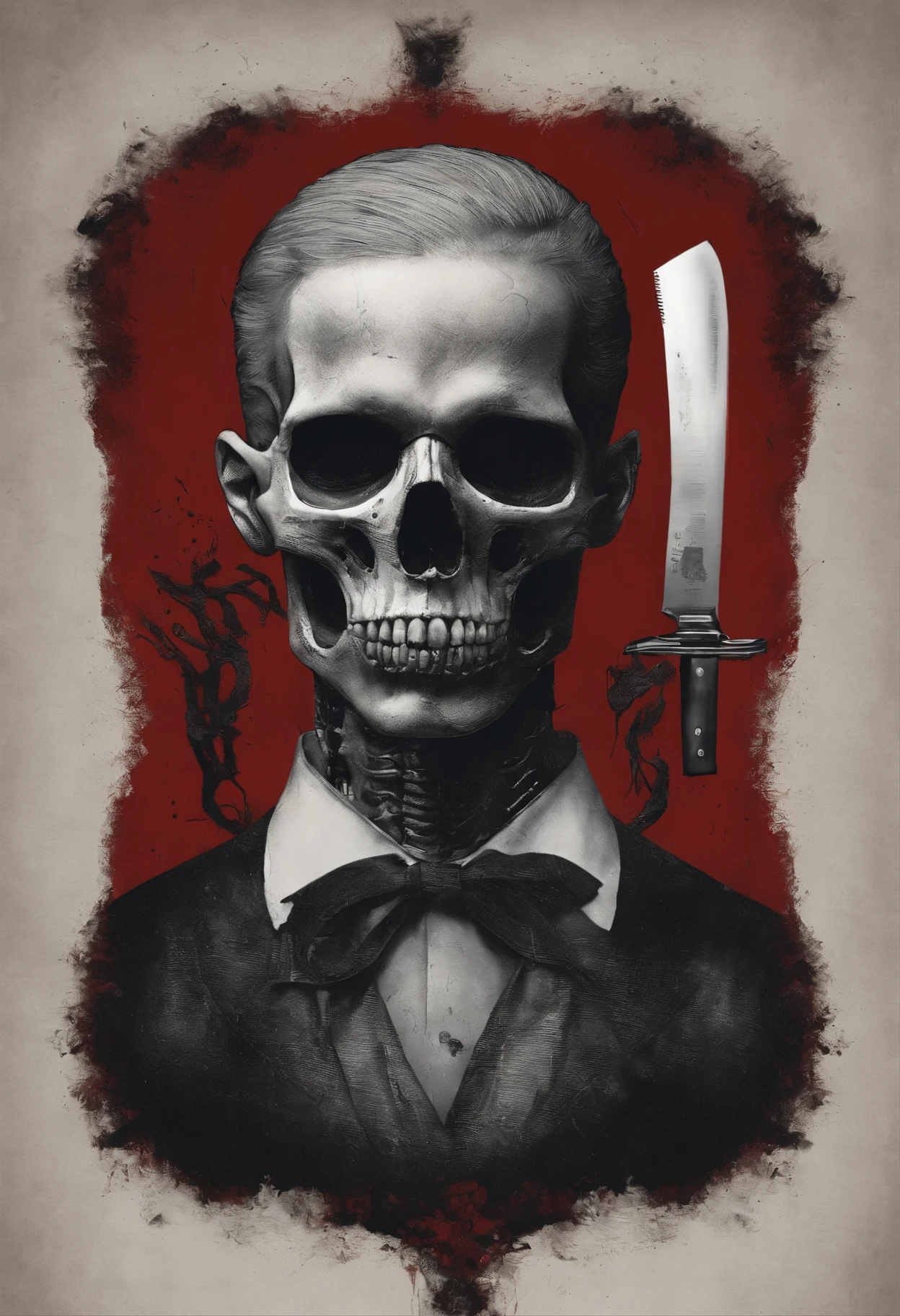 There is a skull, ela tem uma barba grande e um cabelo elegante, barbershop poster. She is on a red background. She is a hairdresser, she is holding a razor in her left hand and scissors in her right hand. There's a faint smoke in your studio