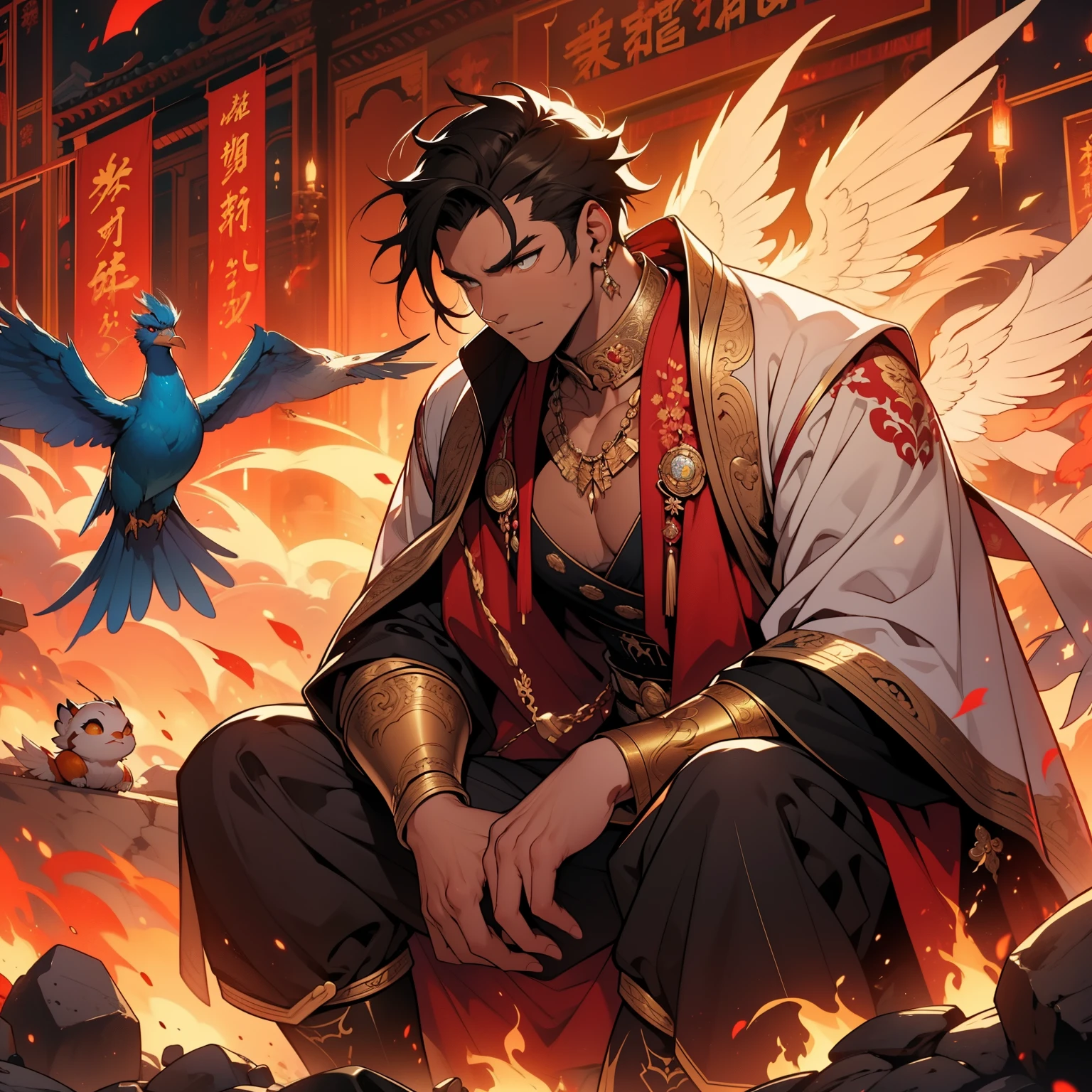 Perfect face, 30y chocolate brown tanned skin male zombie, black hair, souls:0.1, lignhening:0.2, one-eyed, sitting next a single red peacock like bird Phoenix blazing in fire , contemplation, dark tones, two-dimensional, comics, masterpiece rich details, perfect man's 2 hands:1.1