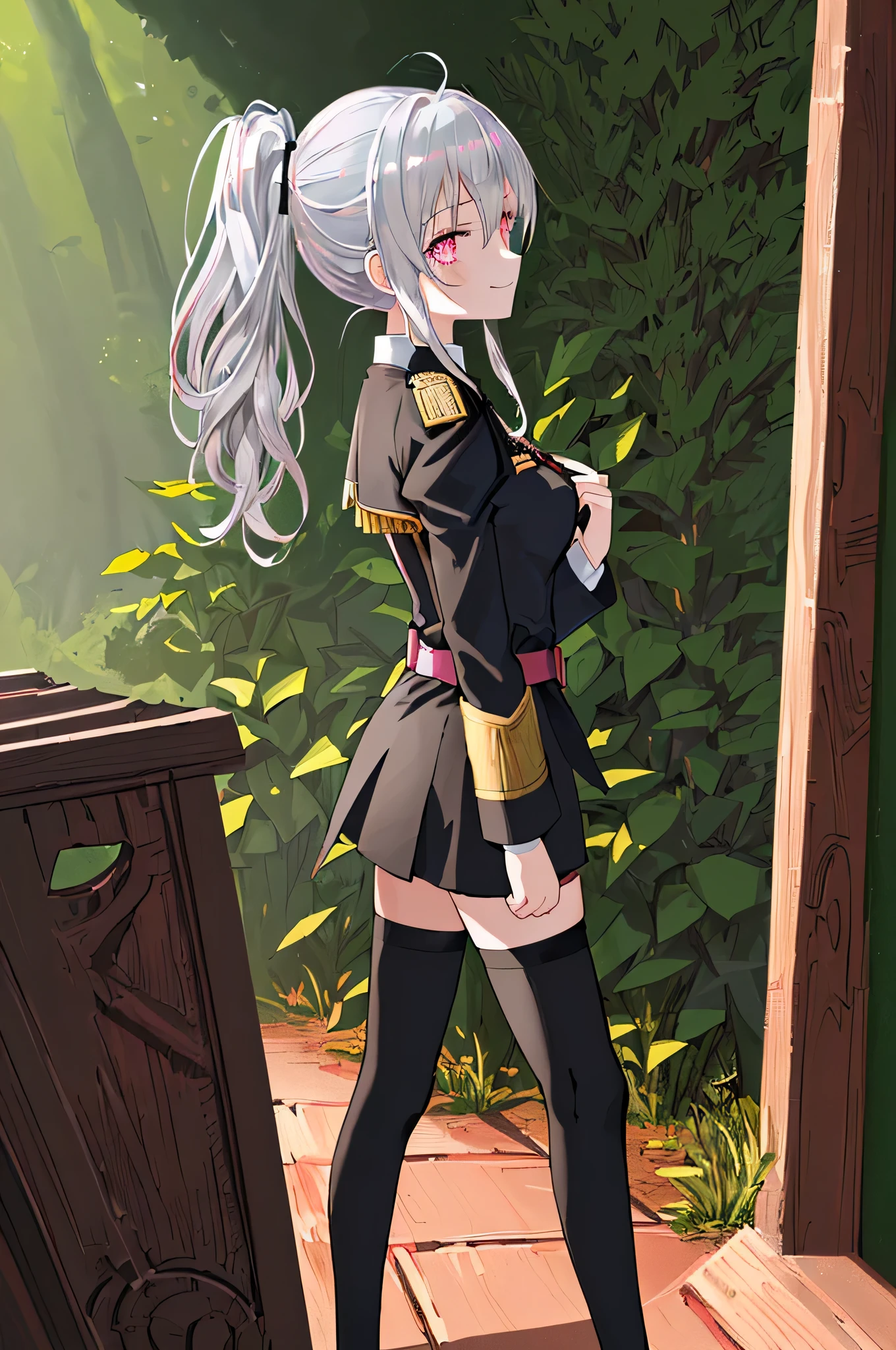 [(Forest background:1.4)::5],Original,(Illustration:1.1),(Best Quality),(masutepiece:1.1),(the Extremely Detailed CG Unity 8K Wallpapers:1.1), (Colorful:0.9),(mid-shot:0.95),((Dense and beautiful face and body)),(Solo:1.2), (girl), (Detailed beautiful eyes:1.15), (Beautiful face:1.15), (glowing pink eyes:1.25////),((Silver medium hair)),((Side Ponytail)),(+perfect hand+:1.21),(Draw an illustration of the Black Knight),(Religious),(slender),(Silver hair),Standing,(in military uniform),((black thighhighs)),(((Forest Street))),From Side,(Girl Alone in the Woods),realisitic,Smile,