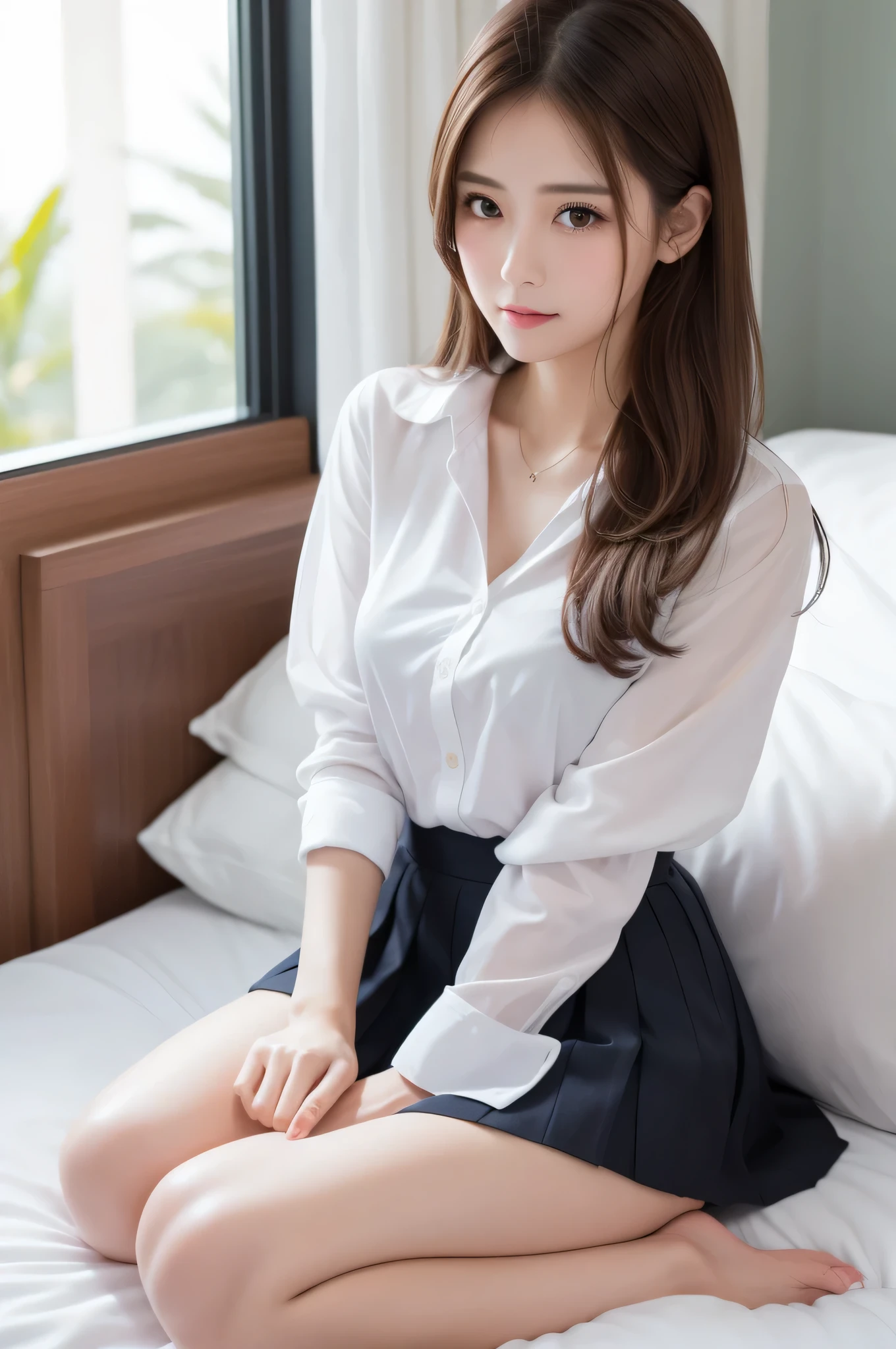 photorealistic,realistic,Blue crystal clear water、Hotel、((brown hair))、good hand、8K video、High resolution、masterpiece、highest quality、fine skin、sharp focus、clavicle,detailed face:1.2、beautiful breasts、lustrous eyes、look at the audience、((beautiful and detailed eyes))、Big eyes、美しくdetailed face、perfect and beautiful double eyelids、whole body、black knees socks,thin ankles,delicate legs,The woman I want to hold,beautiful hip line,tropical country、mini skirt,school uniform,uniform,open white shirt,beautiful feet,wet skin,woman sleeping in bed,holding my legs（knees:1.2）