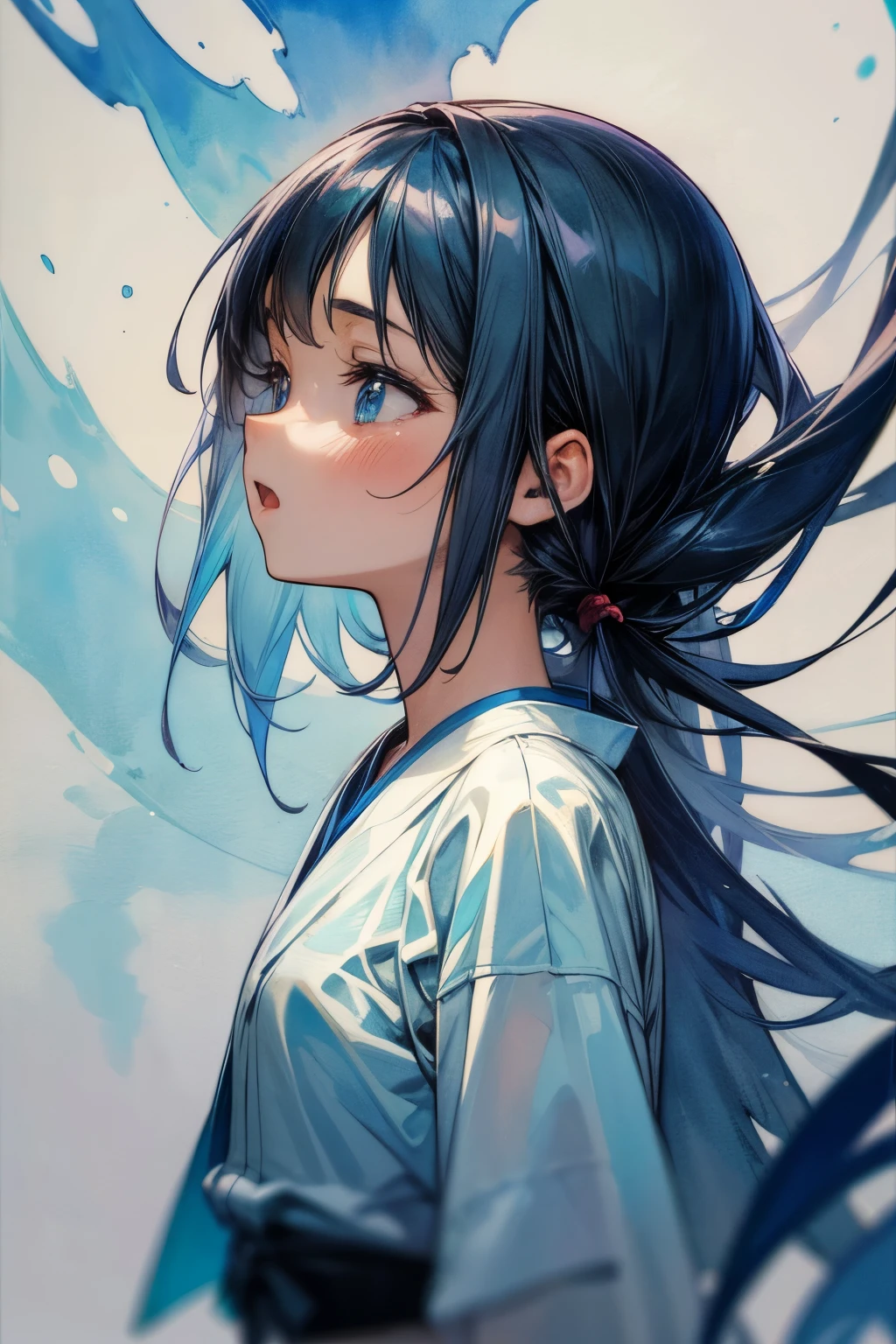 ((Masterpiece)), (Anime:1.5), ((best quality)), (RAW photo:1.2), (High Definition:1.3), (Professional Photography:1.2), (chromatic aberration), 1girl, ((12years old)), (watercolor painting:1.3), from side, wide shot, (pale blue fine ink splashing), ((face in profile)), black long silky hair, teenage japanese cute girl, very sad face, open mouth, white T-Shirts, (simple white background:1.10)
