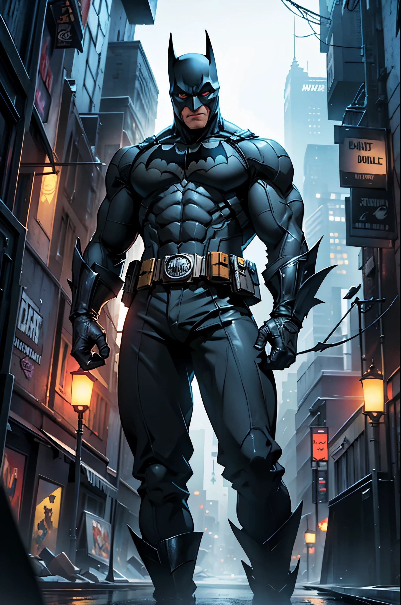 Batman from Arkham series, 3d Render, Gotham city background, cycles render from Blender software