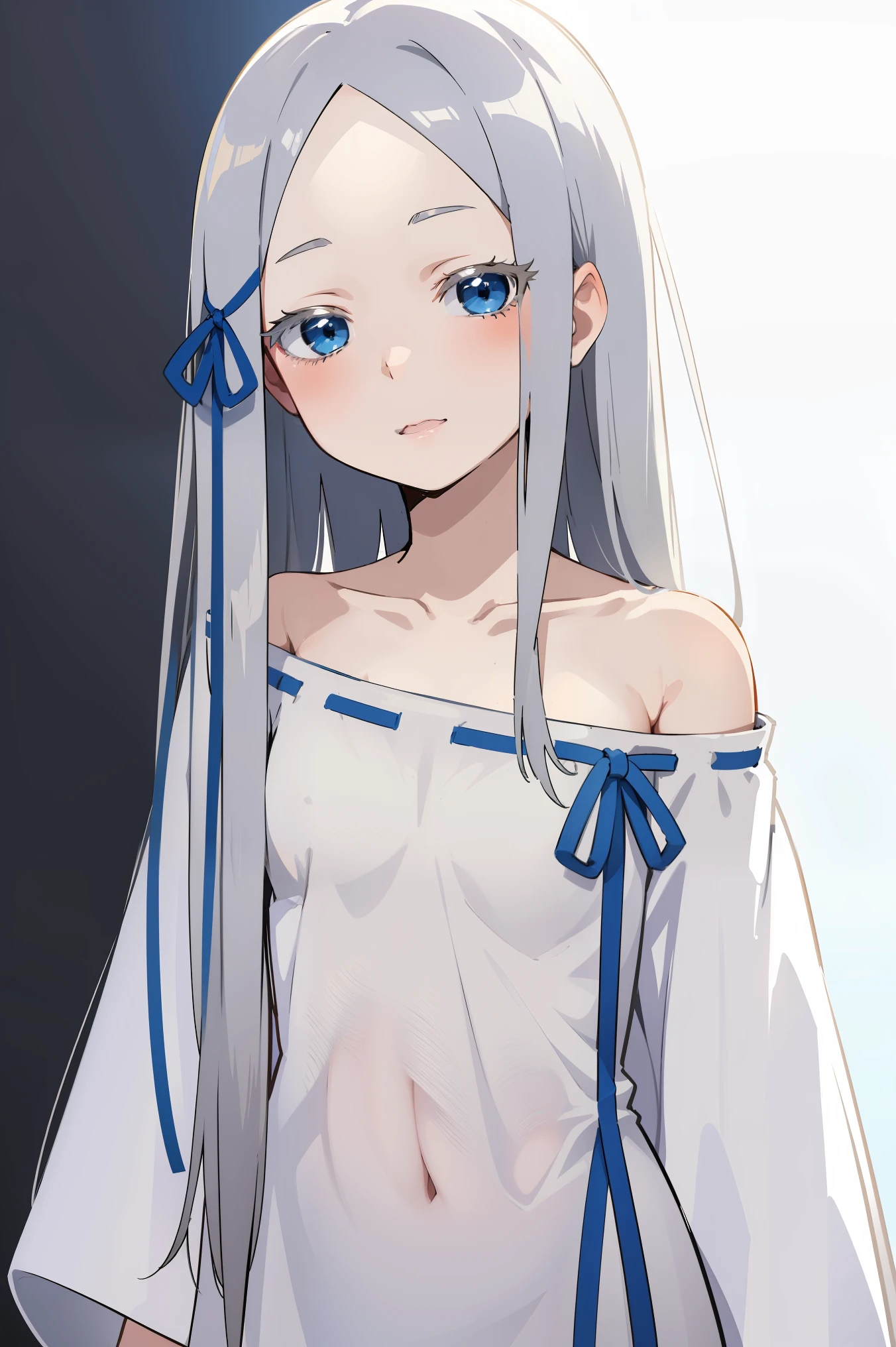 (masterpiece, best quality, ultra high quality, by quan, by mappa, sketch:1.1), ((portrait)), 1girl, solo, pandora, blue eyes, long hair, grey hair, white hair, forehead, blush, bangs, small breasts, parted bangs, barefoot, neutral, innexpressive, small smile, thighs, ((pddf)), dress, dress ribbon, hair ribbon, white dress, loose dress, blue ribbon, bare shoulders, (arms behind back), upper body, standing,, isometric lightning, white background, simple background