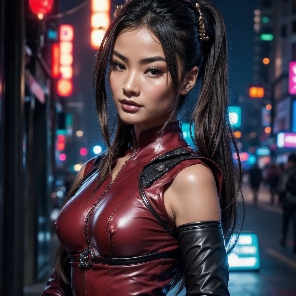 From below, a gorgeous asian woman, age 23, bun and wavy hair, she's a men magazine model, She has a subtle smile and flirts with the camera, (she's in the street of a futuristic cyberpunk city at night), (she’s wears a Victorian cyberpunk geisha red leather suit covering her chest:1.2), perfect eyes, perfect hands, perfect body, perfect hair, perfect breast, hair behind ear, UHD, retina, masterpiece, accurate, anatomically correct, textured skin, super detail, high details, high quality, award winning, best quality, highres, 16k, 8k, cinematic lighting