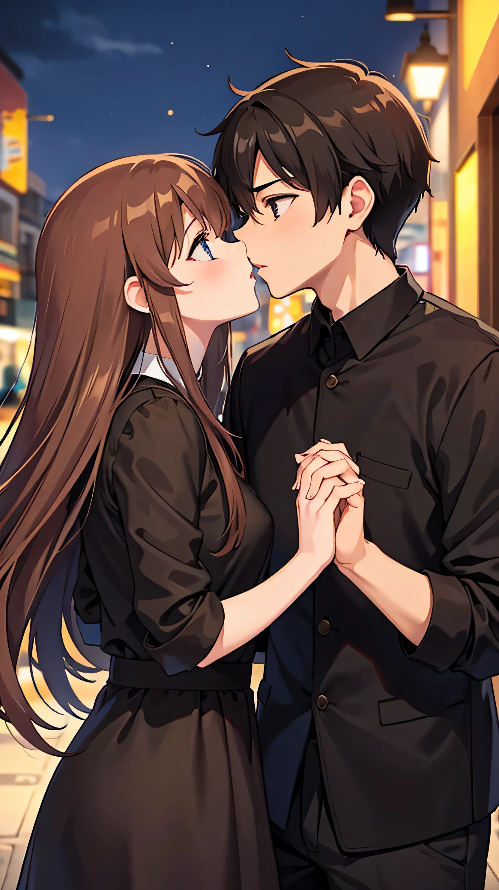 1 male and 1 female , brown hair , holding hands , kissing , night city , black clothes