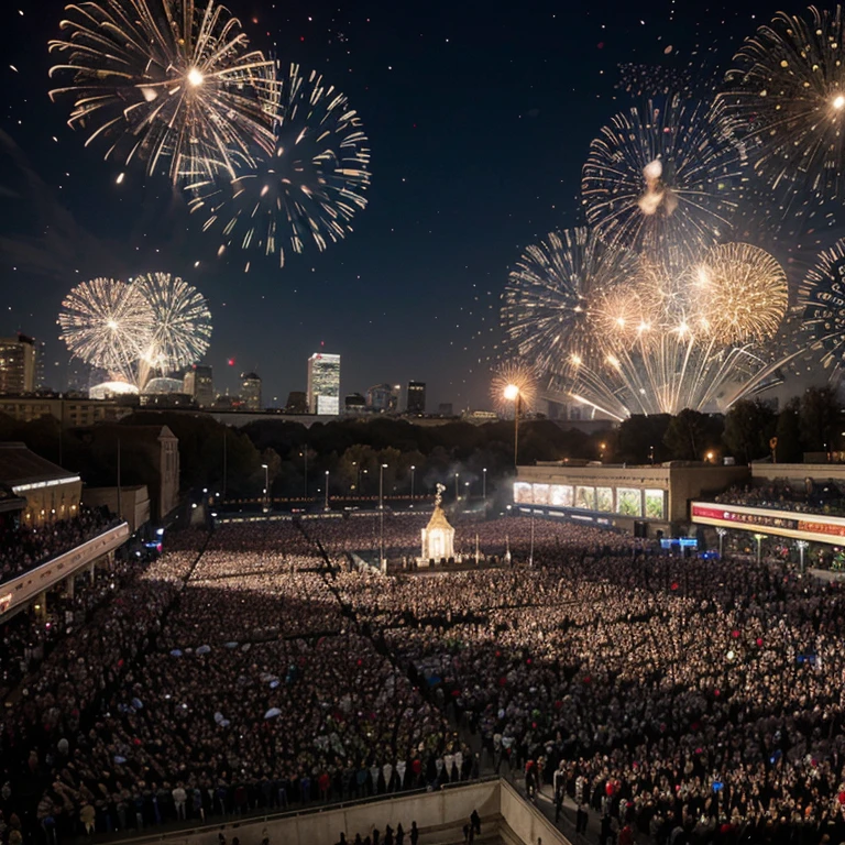 A jubilant crowd celebrating the New Year in a large square.