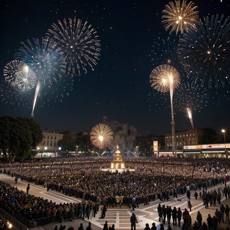 A jubilant crowd celebrating the New Year in a large square.