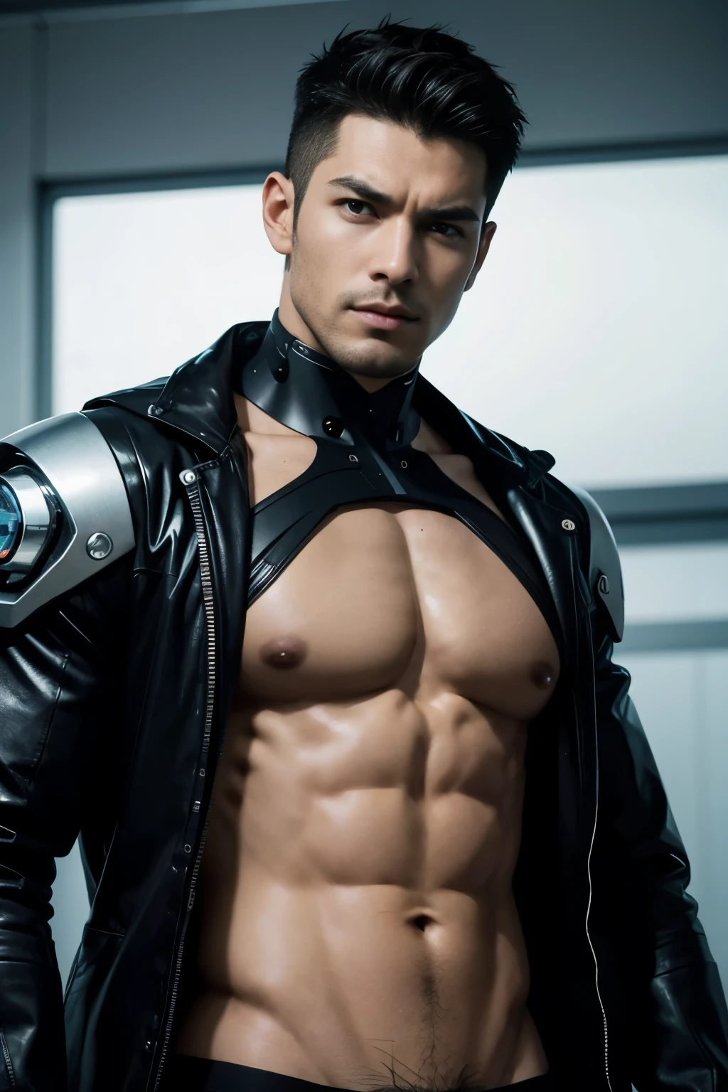 (The Alfid people wear black transparent latex pliers,Translucent latex pliers:1.5),(Metallic body, bionic scifi alexandre ferra, cyborg neck, cyborg male, male cyborg, cyborg fashion model, portrait of a cyborg, detailed portrait of a cyborg, cybernetic neck implant, portrait of a futuristic robot :1.3)(dystopian sci-fi character, sci - fi character, portrait of a cyberpunk cyborg:1.2)(8K,Extreme detail,Hair in extreme detail,Ultra photo realsisim,cinmatic lighting:1.1)(Asian supermodel face,Strong muscles and perfectly curved body,Extreme sexual tension,Hormonal explosion,whole body display:1.5)(Short hair, Light-colored beard, Stubble masculinity,Naked muscle man,Muscular macho,No clothes on,Only a pair of thongs was worn,Extremely sexy and provocative:1.5)(whole body display:1.5)