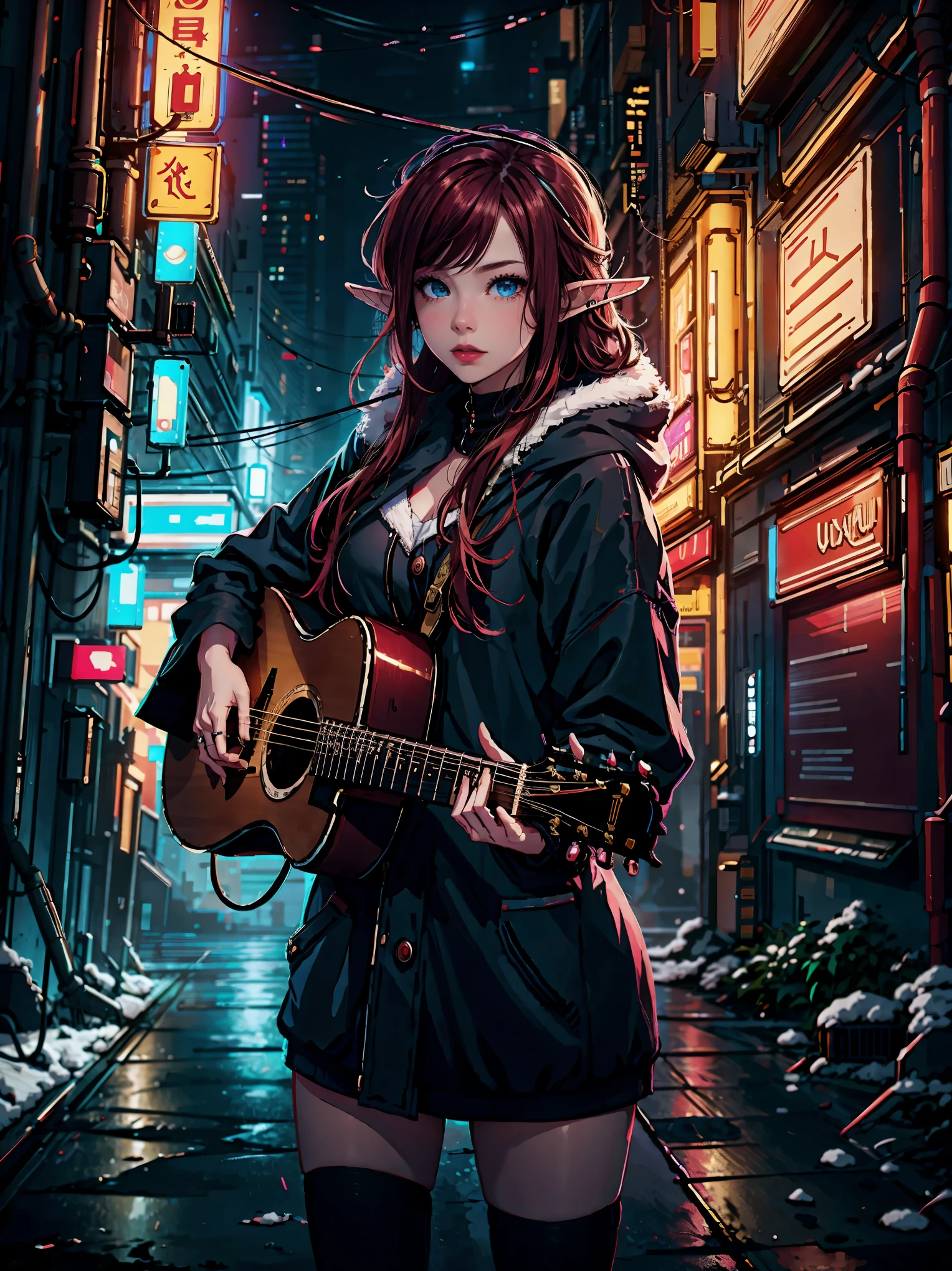 elf girl, stroll the night streets of the old city, nearby on the street there is a jazz bar with a neon sign in the shape of a guitar, snowing, girl in a dark coat, with open neckline, red hair a little sprinkled with snow