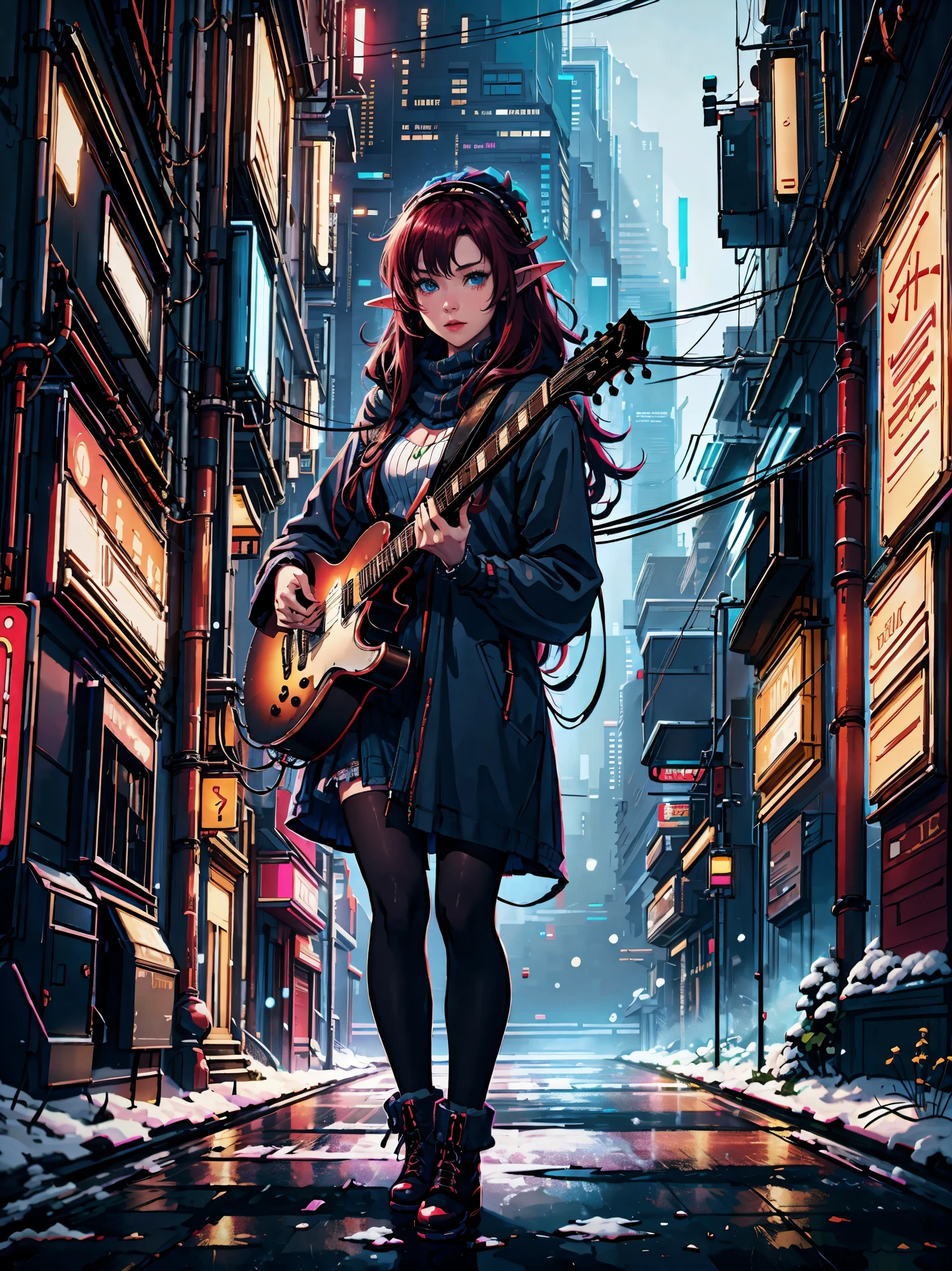 elf girl, stroll the night streets of the old city, nearby on the street there is a jazz bar with a neon sign in the shape of a guitar, snowing, girl in a dark coat, with open neckline, red hair a little sprinkled with snow