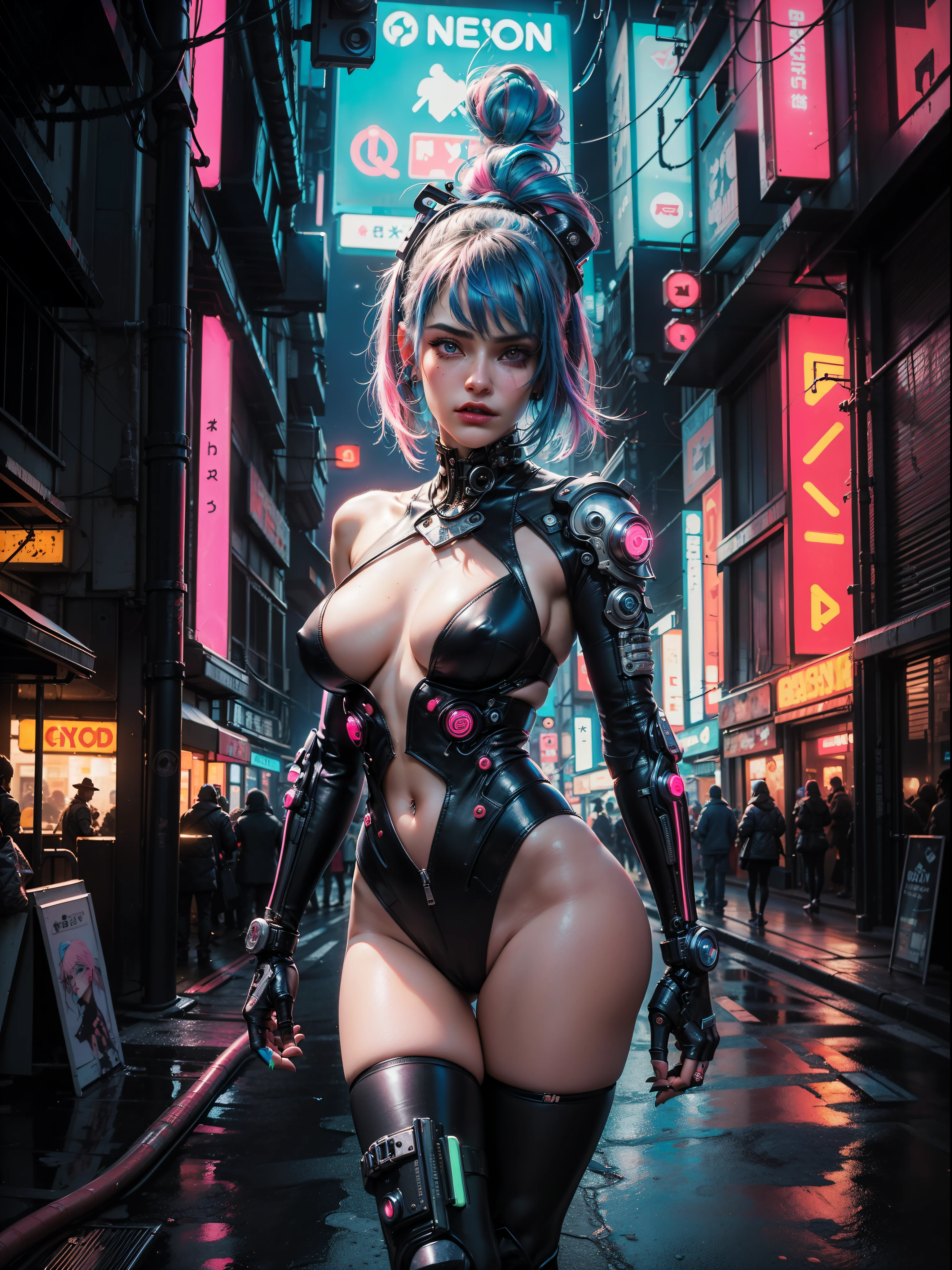 (masterpiece, top quality, best quality, official art, beautiful and aesthetic:1.2),(1 Sofia Boutella cyberpunk girl:1.4),([pink|blue] hair:1.5),((extreme detailed face)),(fractal art:1.3),(colorful:1.5), ((highly detailed face)), hyper detailed,(Mechanical modification:1.3),(modification:1.2),Maiden,(complex mechanical conduit is inserted into the back:1.5),(neon background:1.4),(neon city:1.75),night,(large breasts, thigh gap, camel toe), (gothic_ta:1.2),high heels,(:0.75),makeup,blush,(cyberpunk:1.4),((looking at viewer:1.3)), ((cowboy shot)), NSFW, ((facing camera)).