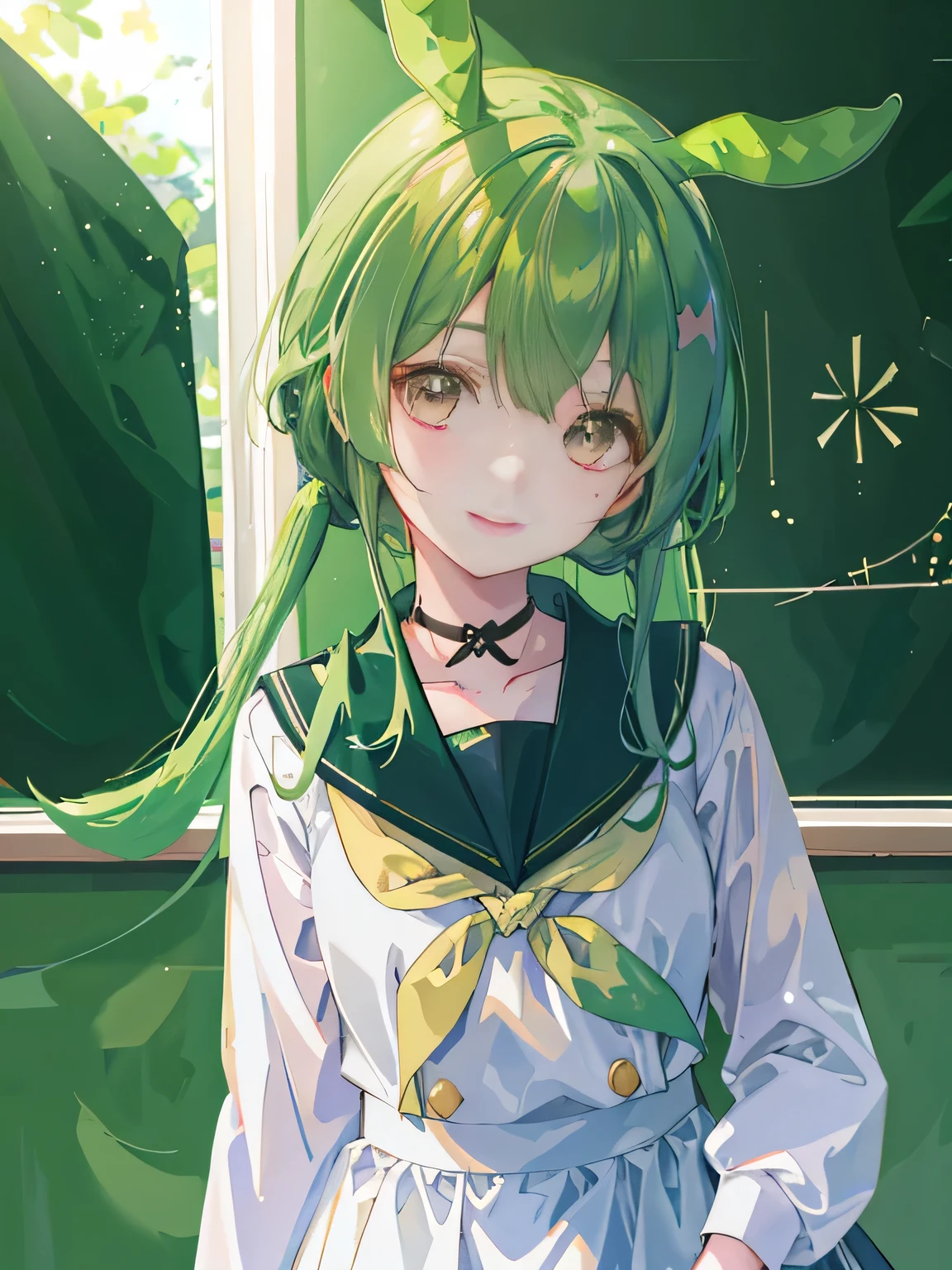1 girl, cute, dark green hair,eyes are yellow, smile, look at the audience, sailor suit, seifuku, photograph, realistic, highest quality, hire, detailed face, classroom, detailed background, diffused lighting, written boundary depth, Bokeh