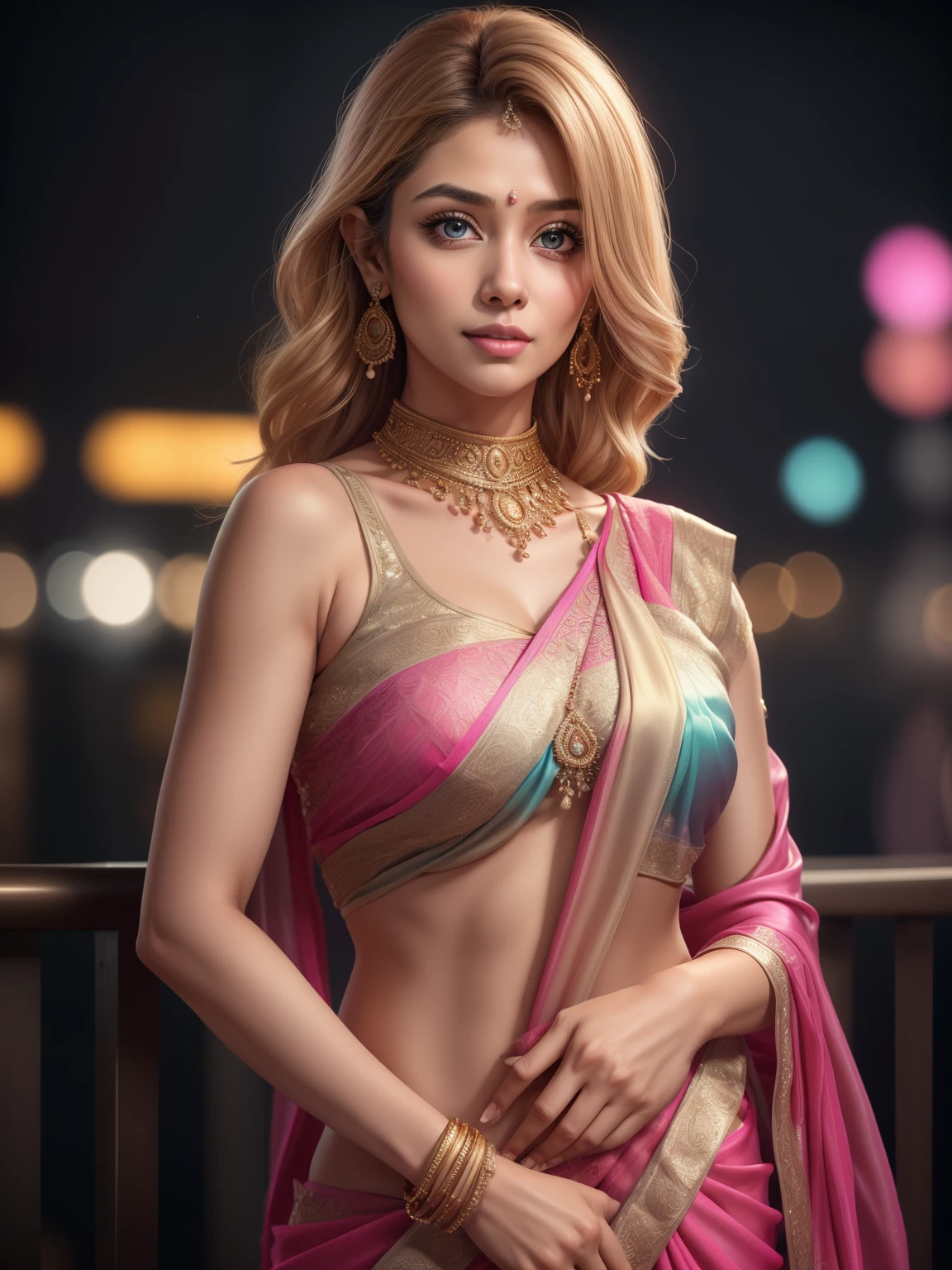 8k, masterpiece, RAW photo, best quality, photo rea blonde yellow hair, istic, extremely detailed CG unity 8k wallpaper, Depth of field, Cinematic Light, Lens Flare, Ray tracing, (extremely beautiful face, beautiful lips, beautiful eyes), intricate detail face, ((ultra detailed skin)) 1girl, in the dark, deep shadow, pretty indian girl, blonde hair, big breasts, indian idol, 1 girl, (very slim slender fit-muscled body:1.3), ((looking at viewer)),(big smile:1.3), (tight laced blouse), (white color blouse), (sleeveless) , (fashion city night, dark night, (neon sign), (blurred background), fashion street night),(without people in the background:1.3), beautiful earrings, bracelets, necklace, pantyhose, clear eyes, (pale skin), (big eyes), face forward, ((upper body shot)), ((silk hot pink color saree:1.3)),(brown hairs),((tight fitting silk pants)), (looking at viewer:1.3) open breast, healthy body, medium breasts, see through blouse, transparent pants, updo hair