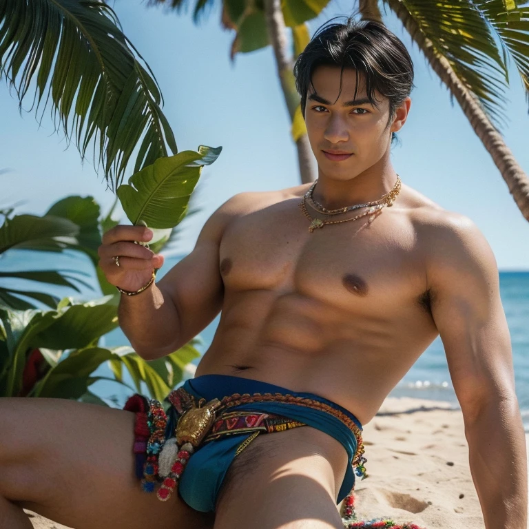 (man), , (frontal face), Aztec handsome muscular man, his skin has an olive or tan complexion, often with a sun-kissed look. Their hair is black and straight, often wear short. Their face is wide, typically with straight noses and pronounced jaws. he generally has a medium to slightly small stature and a muscular and robust physique. Male warrior, in particular, is often well-built. Regarding attire, he wears elaborate clothing. he commonly wears a tight loincloth and adorns himself selves with capes (called "capotes") or mantles adorned with feathers and jewels. mischievous smile, (high detail:1 1)、big male genitals under bikini, Natural muscle、highly quality、beautiful eye、(detailed face and eyes)、(faceless:1 2)、noise、real photo、...PSD、sharp focus、high resolution 8k、Realistic and professional photos、8K UHD、soft lighting、highly quality、film grain、Fujifilm XT3 , big hips , big thighs , big buttcks , full length shot (fls) , foot