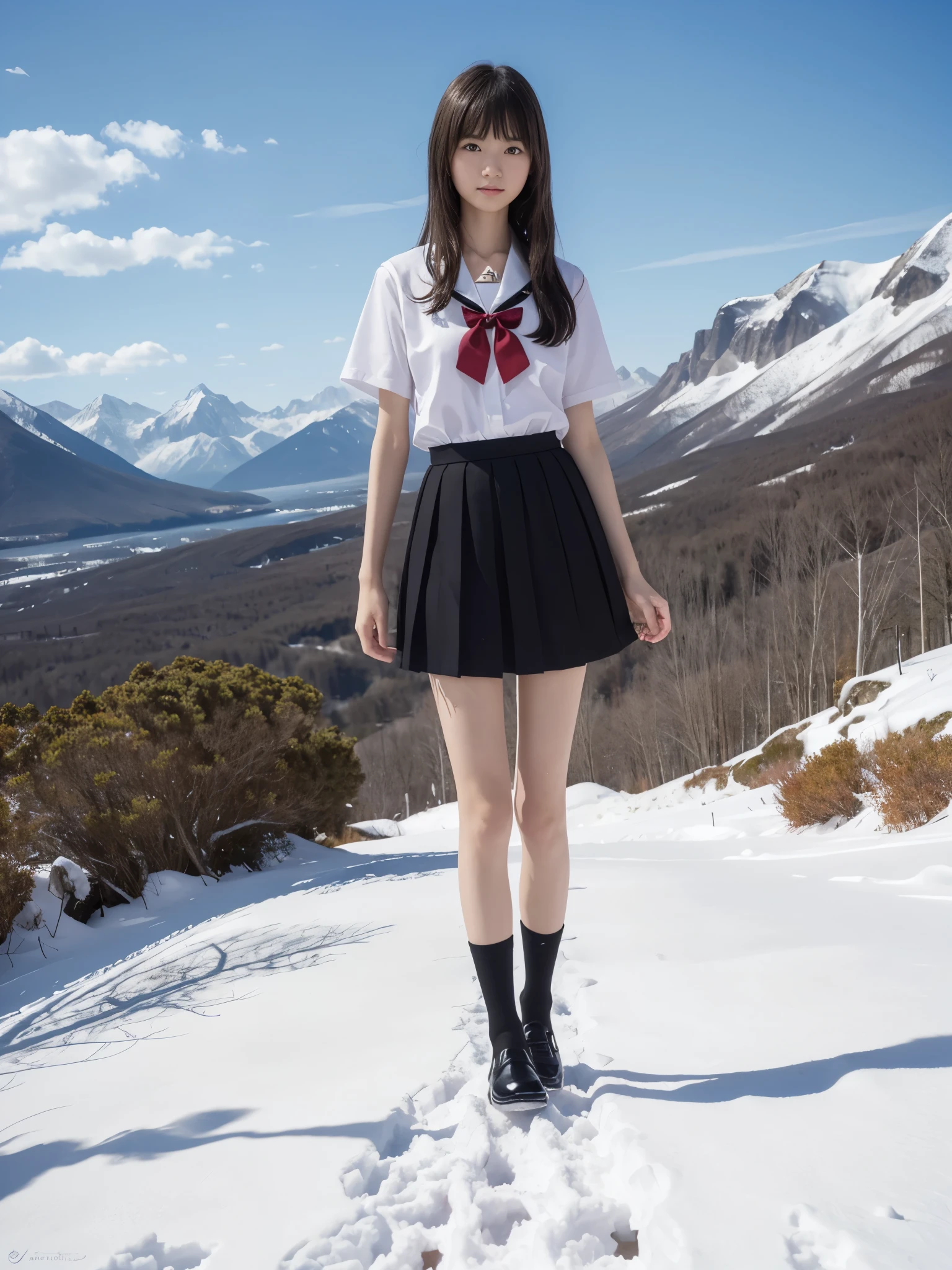 (In 8K、RAW photo、highest quality、masterpiece:1.2), (realistic、Photoreal:1.37), super detailed, High resolution, 1 girl, Close-up, barefoot, black eye, Japanese, color_touch_lens, (beautiful feet:1.3), (slender girl:1.4), beautiful girl, (thin legs:1.3), sailor suit, , high school girl, JK, Ultra mini skirt, Dark blue pleated skirt, short socks, Tri-fold socks, white socks, (short sleeve:1.2), (Black Loafers Shoes:1.3), whole body, (Are standing:1.2), (heavy snow:1.3), (deep snow:1.2),(Mountain_background:1.2), red_ribbon, pink_skirt