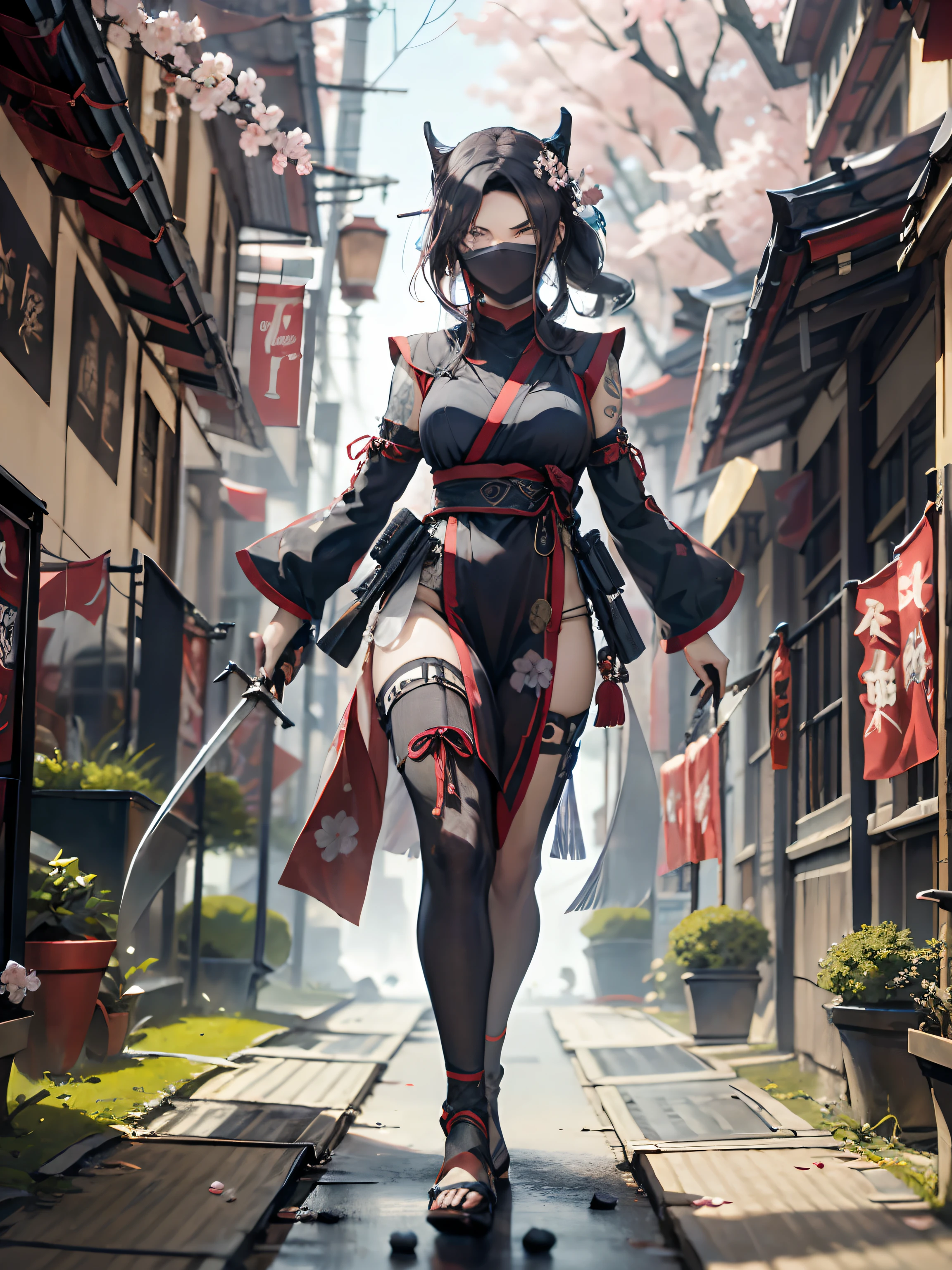 , Close Shot, focus on girl,Random Pose,Female ninja on the way to her enemy,sexy full body, ponnytail hair, Skull Drawing Mask,Sexy ninja costume, Holding a metal combat knife in his hands,tattoo,Japanese pagoda BREAK,pond, Cherry blossom tree, Kunai and Shuriken were lying around,Artwork,3d,4k,Detailed,Realistic,Highly detailed 4K digital art,Octane Render, bioluminic, BREAK 8K resolution concept art, Realism,by Mappa studios,Masterpiece,Best Quality,official arts,illustartion,clear line,(Cool_Color),Perfect composition,absurdress, Fantasy,Focused,the rule of thirds