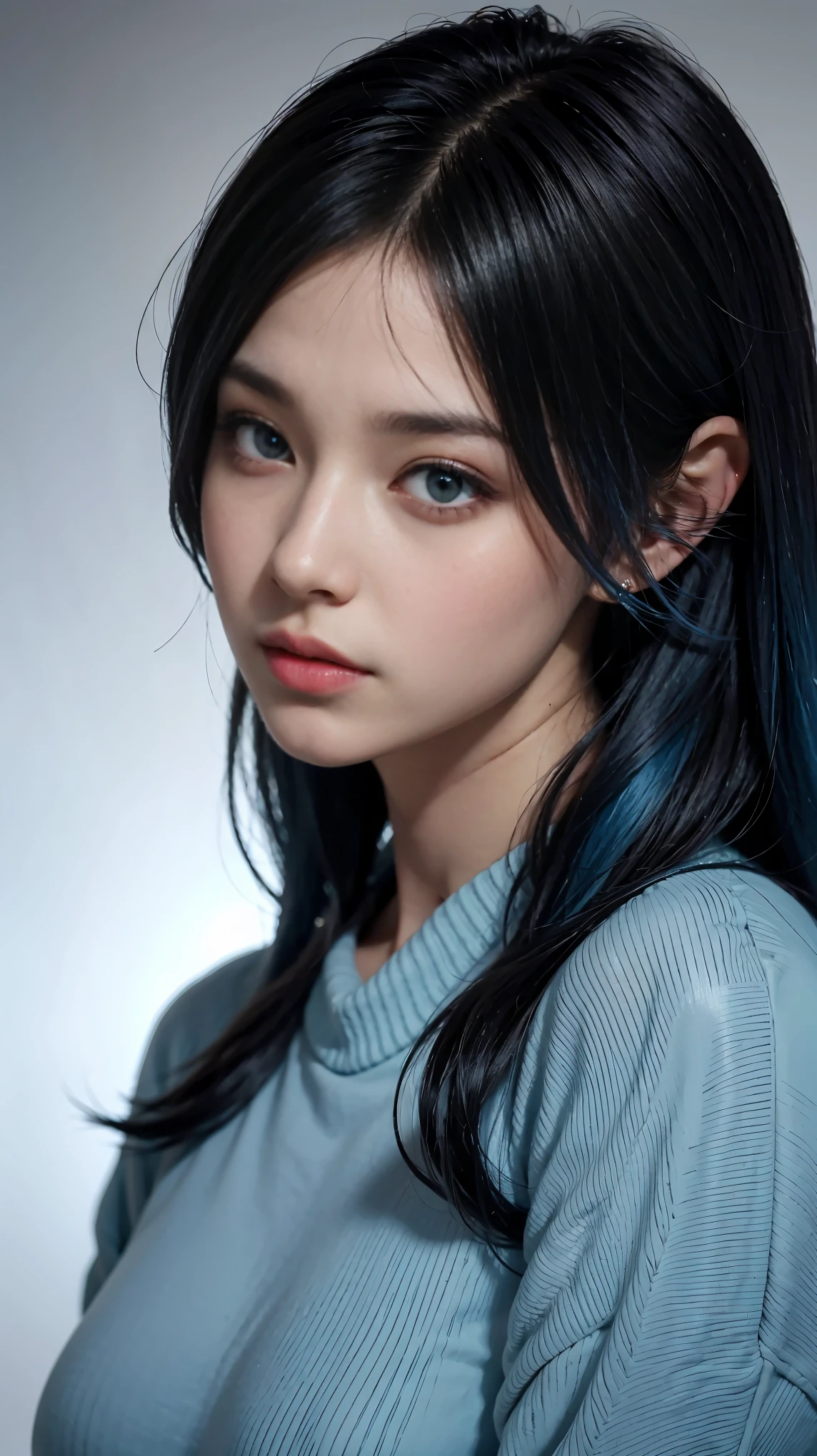 (and soul)(secondary elements)1 girl、((blue hair))、hair length、(blue eyes)、(gradient eyes)、sparkling eyes、bright eyes、finely tuned、expressive eyes、blue clothes、gem、Blue lighting、blue theme、(shape:1.5)、abstract、highest quality、Super detailed、(random pose)、(Beautiful worldview)、