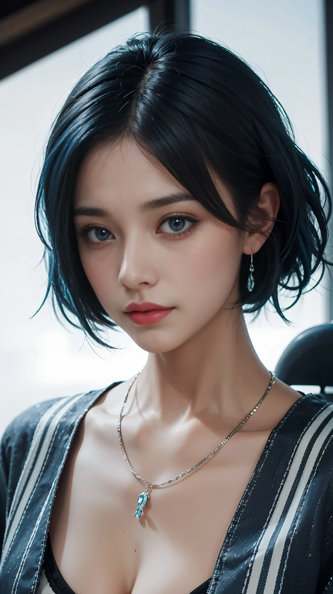 (and soul)(secondary elements)1 girl、((blue hair))、hair length、(blue eyes)、(gradient eyes)、sparkling eyes、bright eyes、finely tuned、expressive eyes、blue clothes、gem、Blue lighting、blue theme、(shape:1.5)、abstract、highest quality、Super detailed、(random pose)、(Beautiful worldview)、